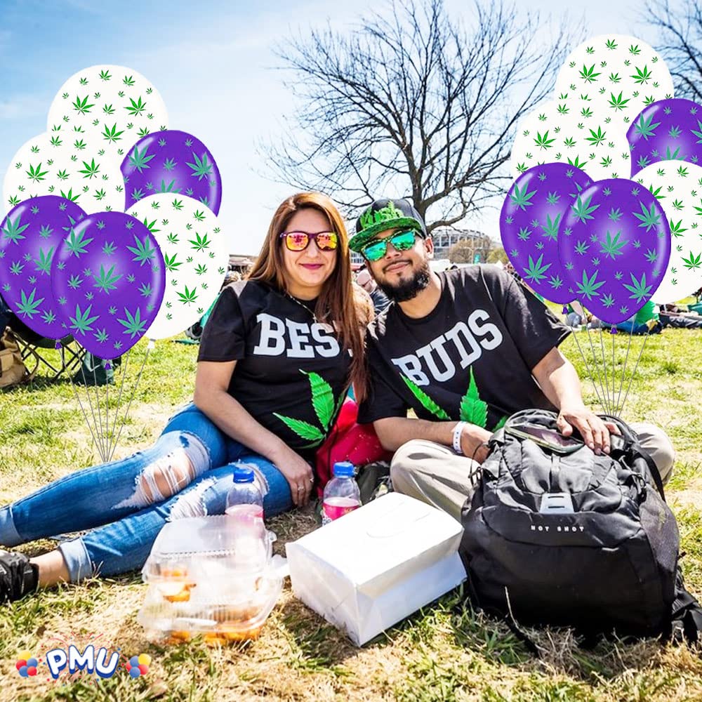 11 Inch Premium White & Purple Marijuana Balloons with Green Leaf Print - Pack of 25 for Cannabis Parties, Bachelorette, 420 Celebrations & Stoner Events