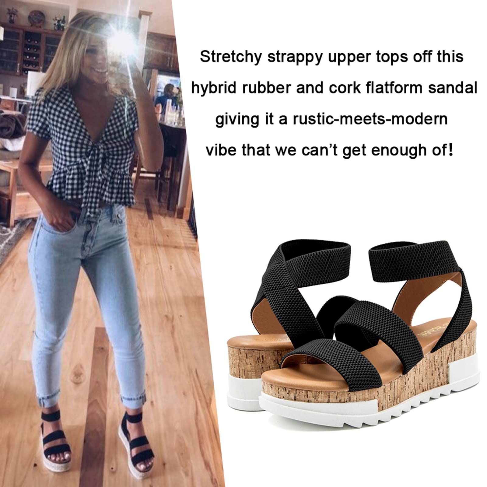 Athlefit Women's Wedge Sandals with Cork Elastic Strap - Comfortable Platform Sandals for Summer Walking, Beach Vacation & Casual Outfits