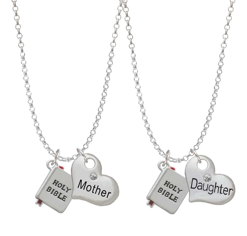 Delicate Silvertone Bible Cross Mother Daughter Heart Necklace Set (2 Pcs) - 19