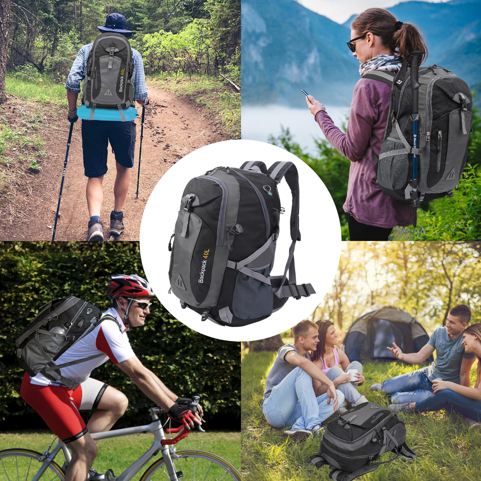 Lightweight 40L Hiking Backpack for Men & Women - Waterproof Travel Backpack for Outdoor Sports, Camping, Trekking & Mountaineering - Durable Daypack for Adventure Travel (Black) | Perfect for Hiking Trips, Weekend Getaways & Outdoor Exploration