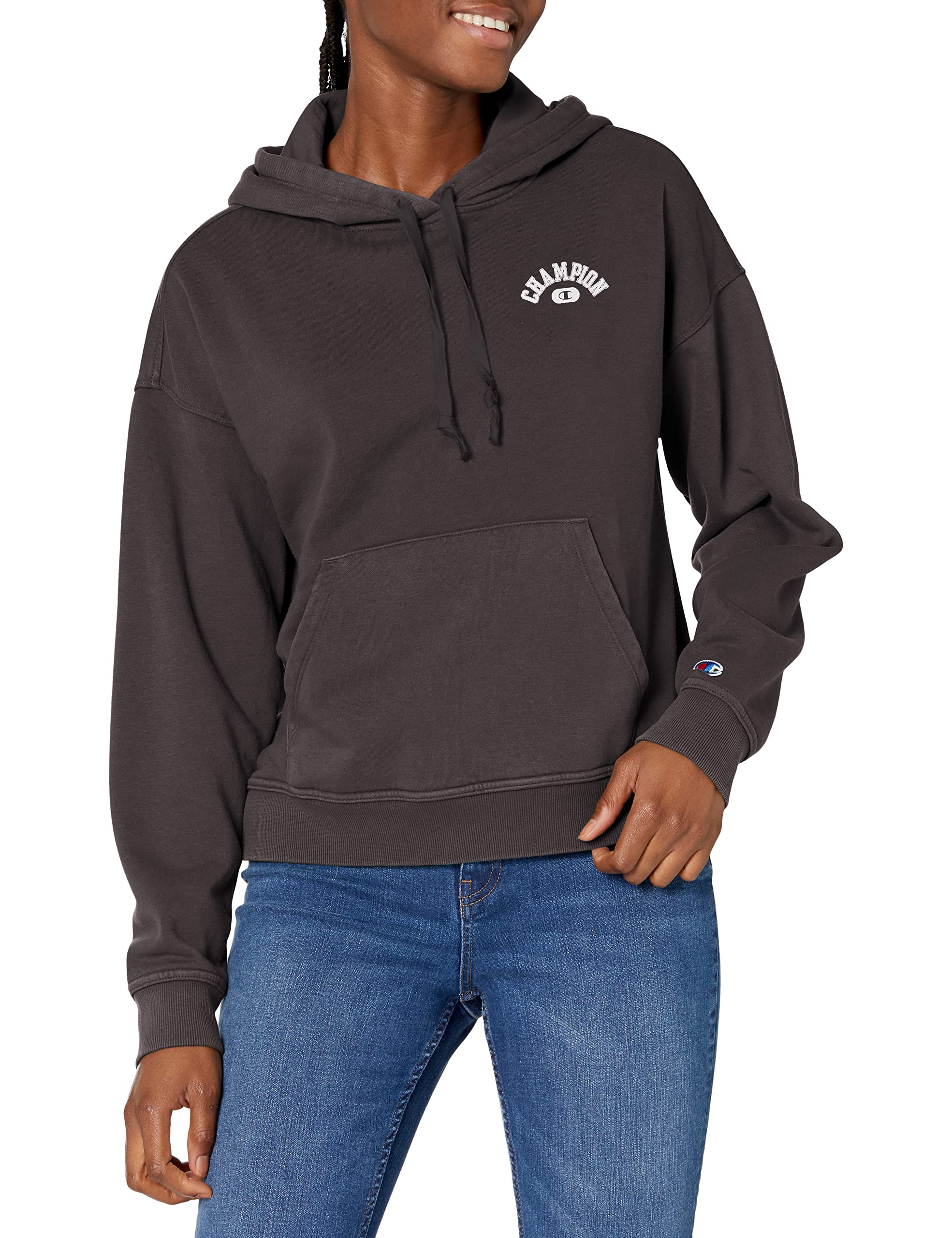 Champion Women's Powerblend Vintage Wash Hoodie with Left Chest Graphic - Soft Fleece Pullover for Casual Wear, Gym & Lounge