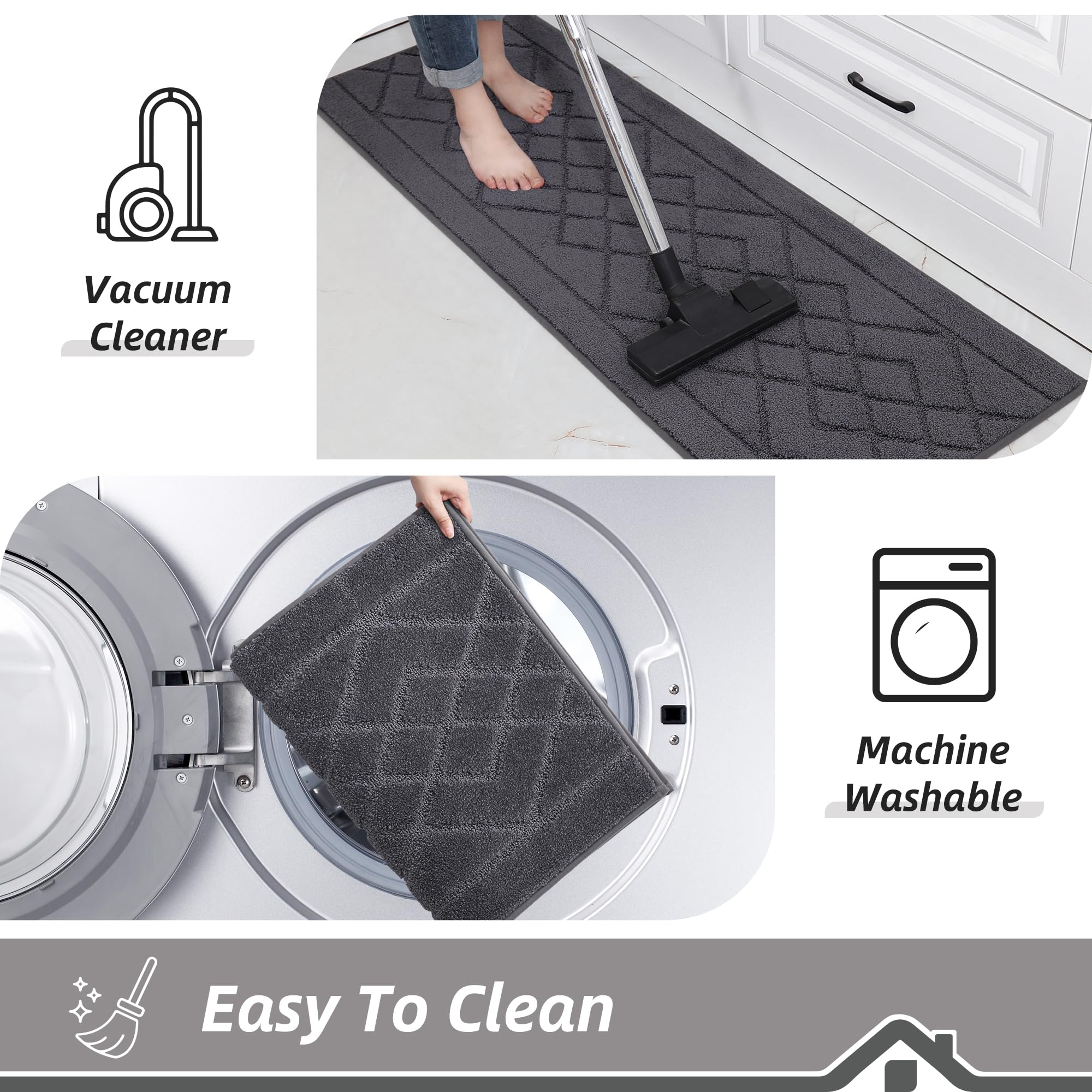 BEQHAUSE Non-Slip Washable Kitchen Rugs Set of 2 - Absorbent Soft Floor Mats for Kitchen, Sink, Hallway & Laundry (20”x30” + 20”x48”, Dark Grey) - Perfect for High-Traffic Areas & Spill Protection