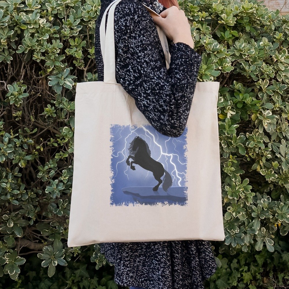 Black Friesian Horse Rearing Up in Storm Design - Premium Reusable Grocery Tote Bag for Shopping, Beach & Travel | Eco-Friendly Cotton Canvas Carryall