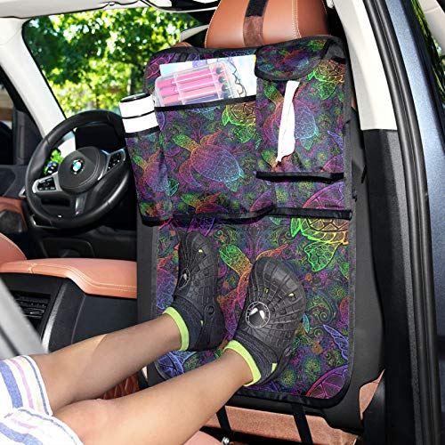WELLDAY Car Backseat Organizer with Multiple Pockets - Psychedelic Turtle Design Trunk Storage Travel Accessories for Kids & Toddlers - Waterproof Kick Mats Protector (1PC) - Perfect for Road Trips, Family Travel and Daily Commute