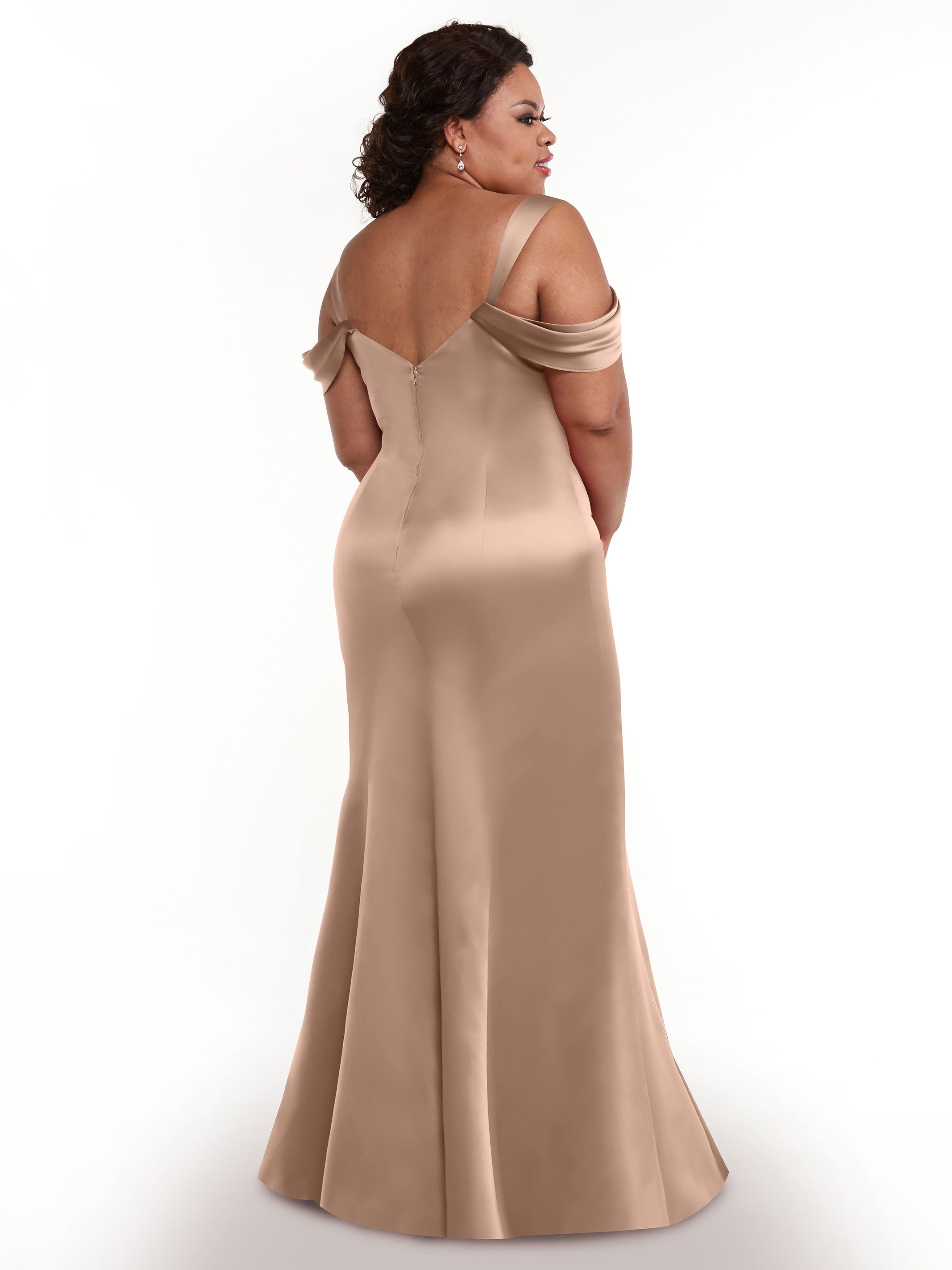 Elegant 80151 Fitted Satin Bridesmaid Dress with Off-The-Shoulder Sleeves - Perfect for Weddings, Formal Events & Special Occasions