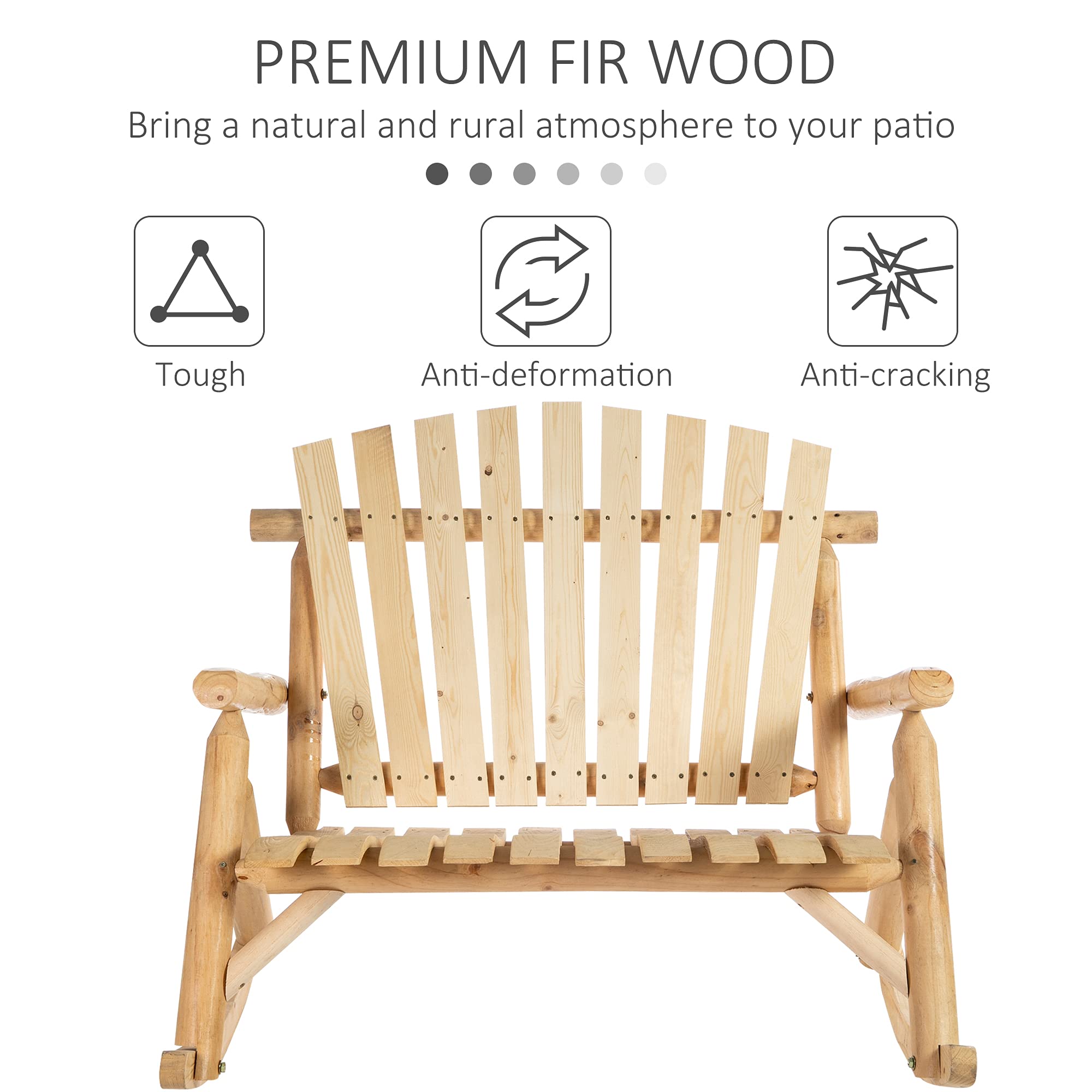 Outsunny Double-Person Wooden Adirondack Rocking Chair - Rustic High Back Patio Chair with Slatted Seat & Backrest - Perfect for Backyard, Garden, Porch & Indoor Relaxation - Great for Couples Lounging, Outdoor Entertaining & Cozy Reading Nooks