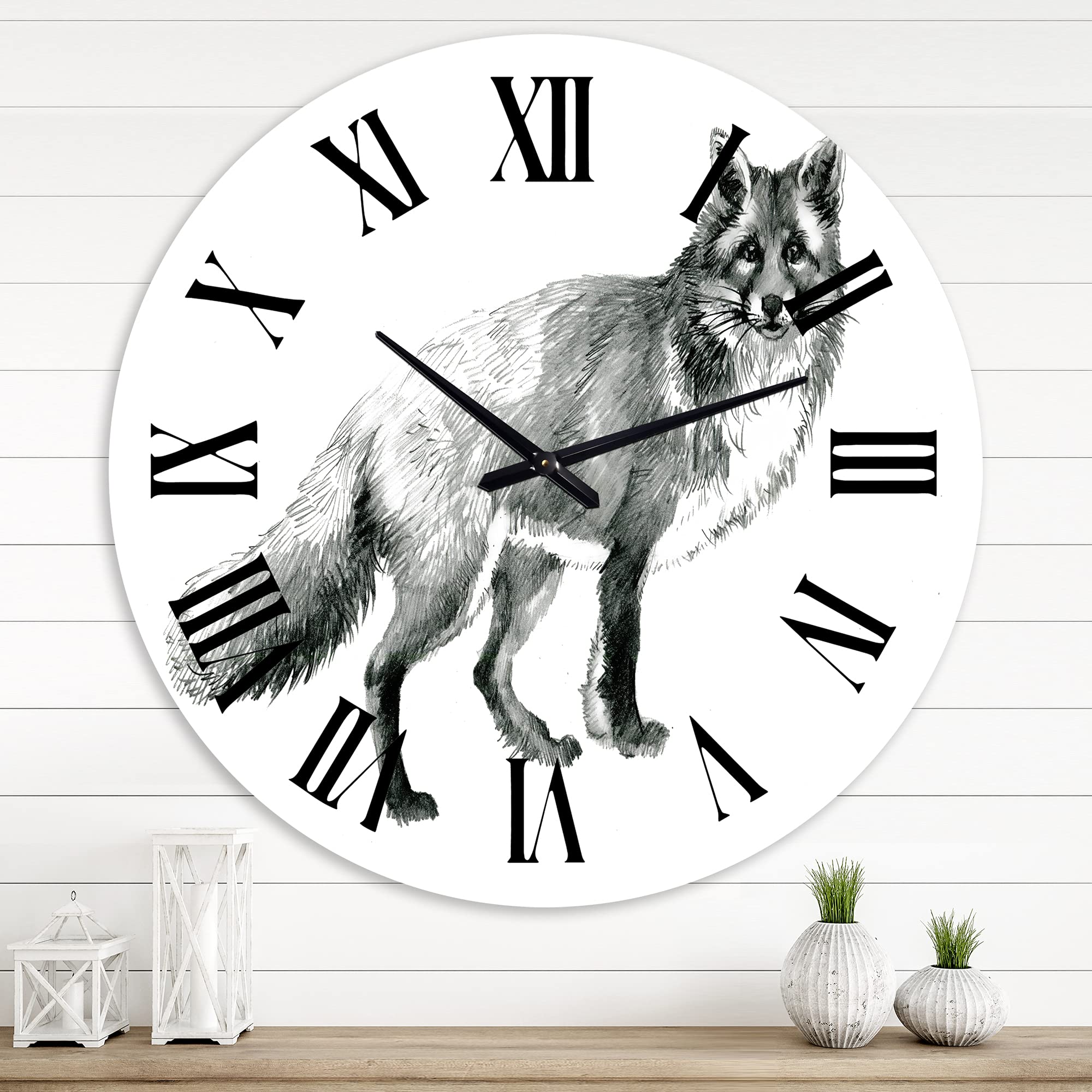 Farmhouse Wall Clock - Monochrome Portrait Fox Design, Large Animal Wall Decor for Living Room, Kitchen, Bedroom & Office | Rustic Home Décor