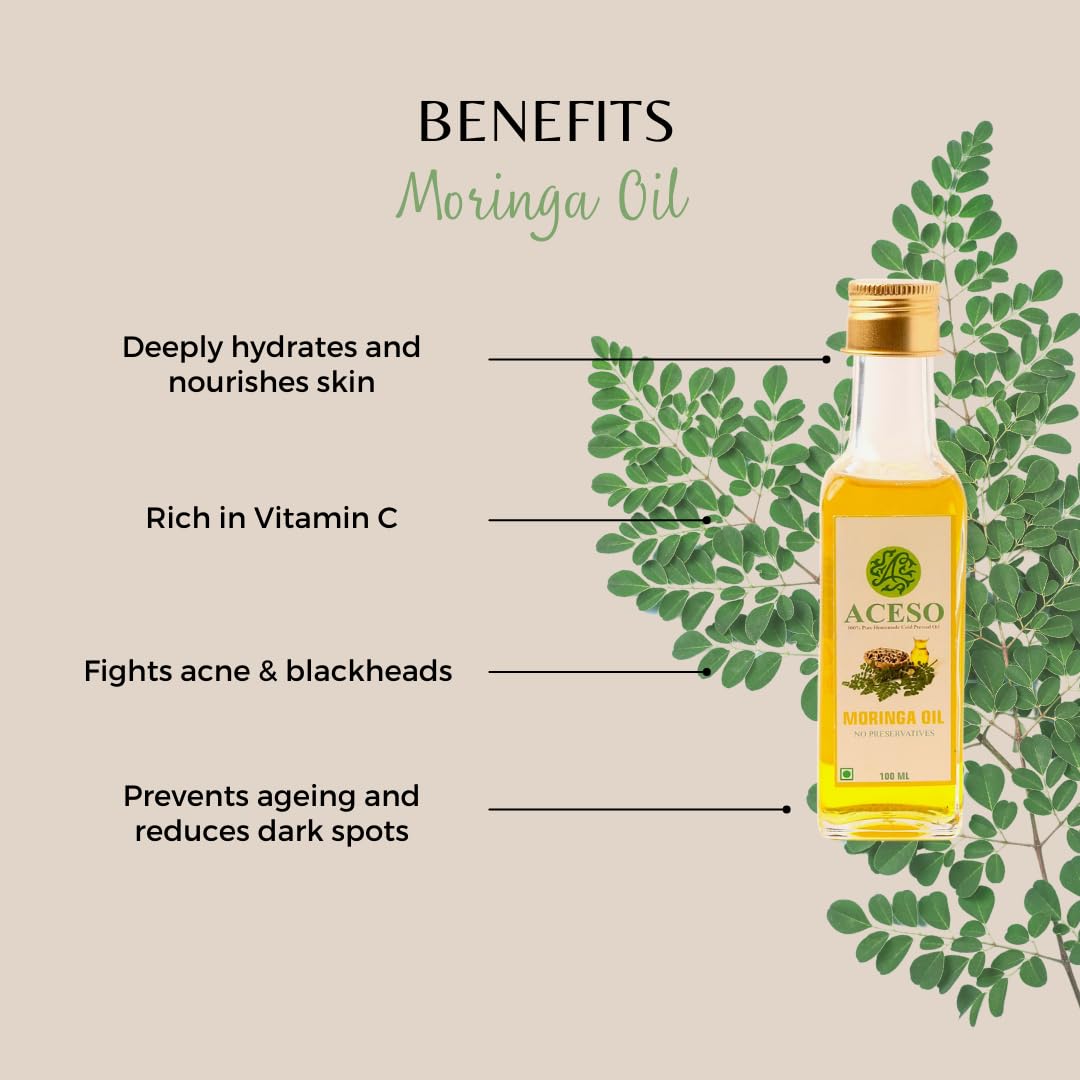 Pure Cold-Pressed Moringa Oleifera Seed Oil for Skin & Hair - Aceso 100% Natural Moringa Oil with Vitamins A, C, E | Anti-Aging, Acne Treatment & Deep Hydration | Face, Body & Scalp Nourishment | Perfect for Daily Skincare Routine & Hair Growth - 25ml