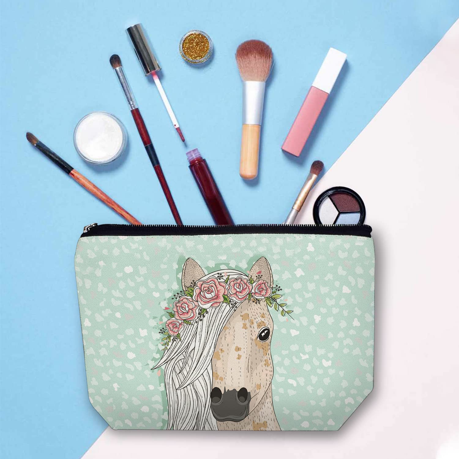 Large Travel Makeup Bag for Women - Waterproof Cosmetic Organizer with Zipper, 7x10 Inch Toiletry Pouch (Cute Horse Design) - Perfect for Vacation, Gym & Daily Essentials Storage