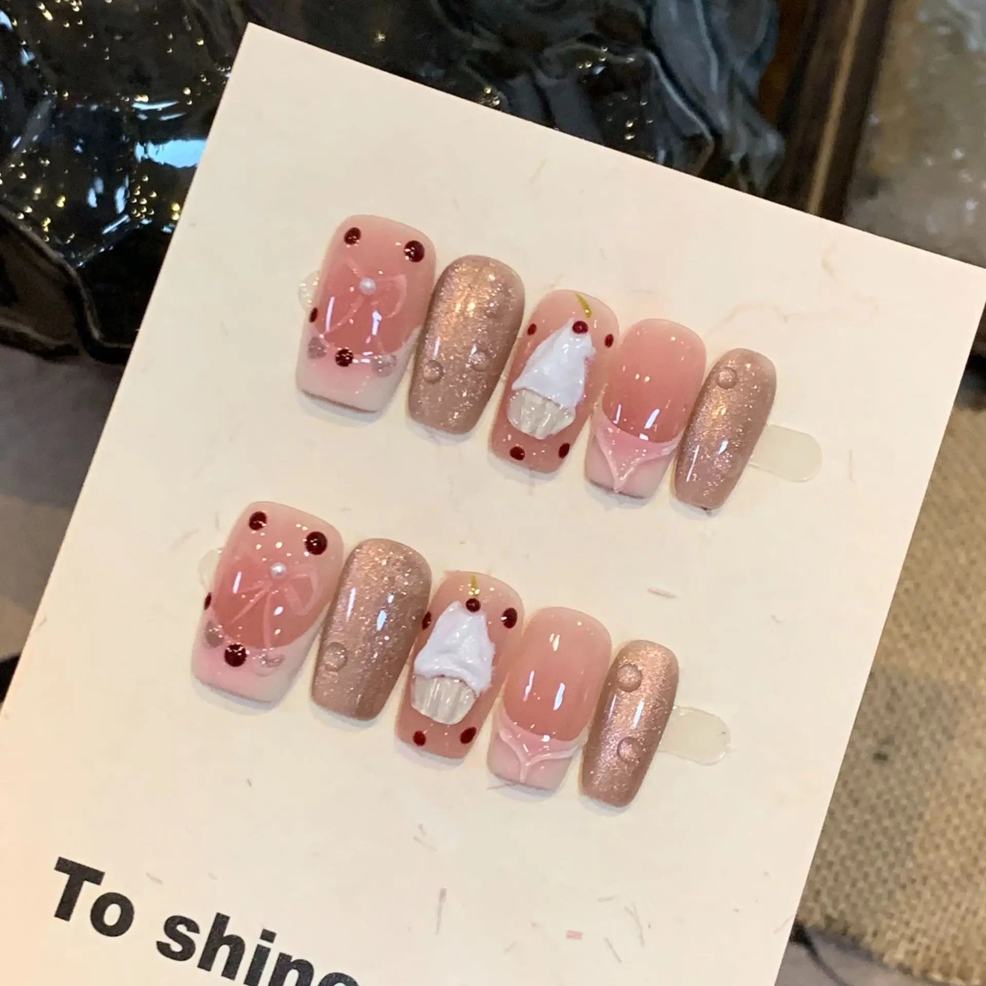 10Pcs Short Sweet Cute Press on Nails Set - Shimmery Cat Eye Gel Nails with Glue, Cherry Cake French Acrylic Nail Tips for Women & Girls - Perfect for Parties, Weddings, Daily Wear & Gift Giving