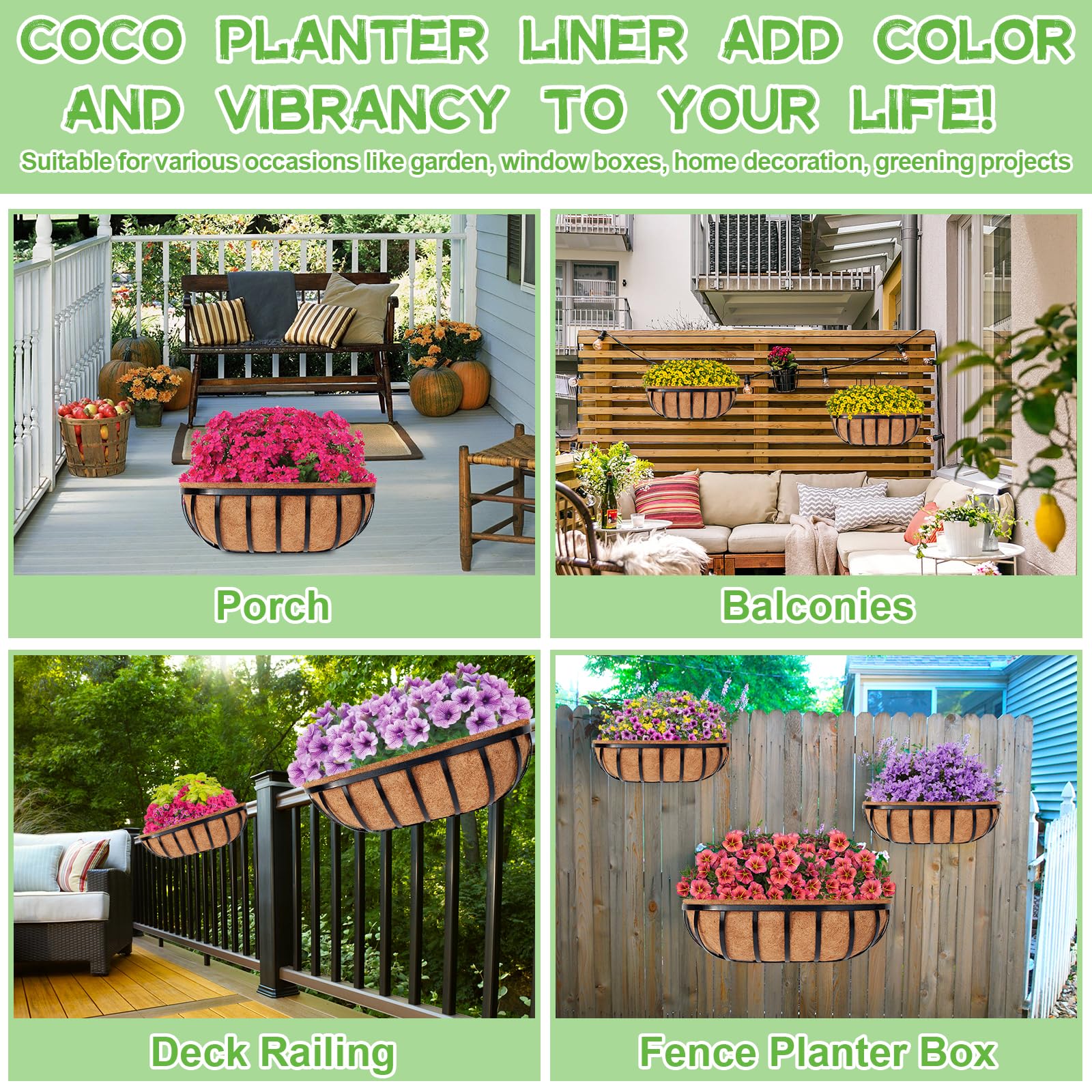 Riare 4 Pack 30 Inch Coco Coir Planter Liners - Natural Coconut Fiber Replacement Liners for Window Boxes, Wall Planters & Deck Railings - Perfect for Indoor/Outdoor Gardening & Home Decor