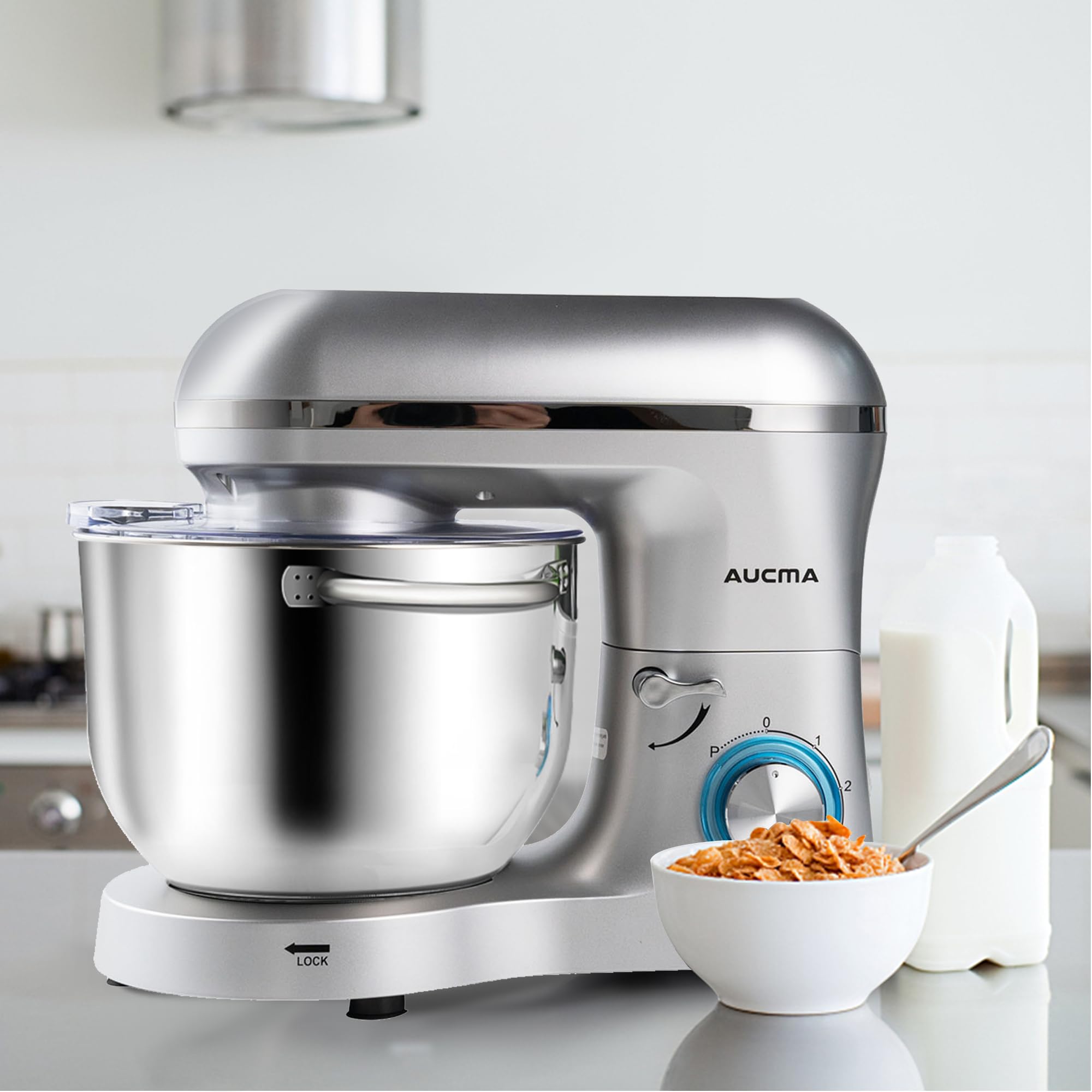 Aucma 6.5-QT 660W Stand Mixer - 6-Speed Tilt-Head Electric Kitchen Mixer with Dough Hook, Wire Whip & Beater (Silver) - Perfect for Baking Cakes, Cookies, Bread & More