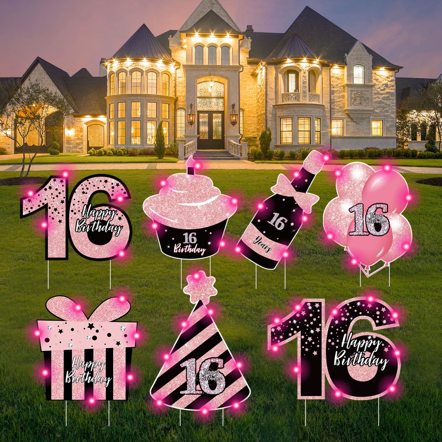 Sweet 16 Birthday Party Decorations - 7 Pcs Black & Pink Yard Signs with Stakes & 2 Pcs LED Lights | Sparkling Night Display | Weatherproof Outdoor Lawn Decor for Teen Girls Birthday, Graduation, Backyard Celebration