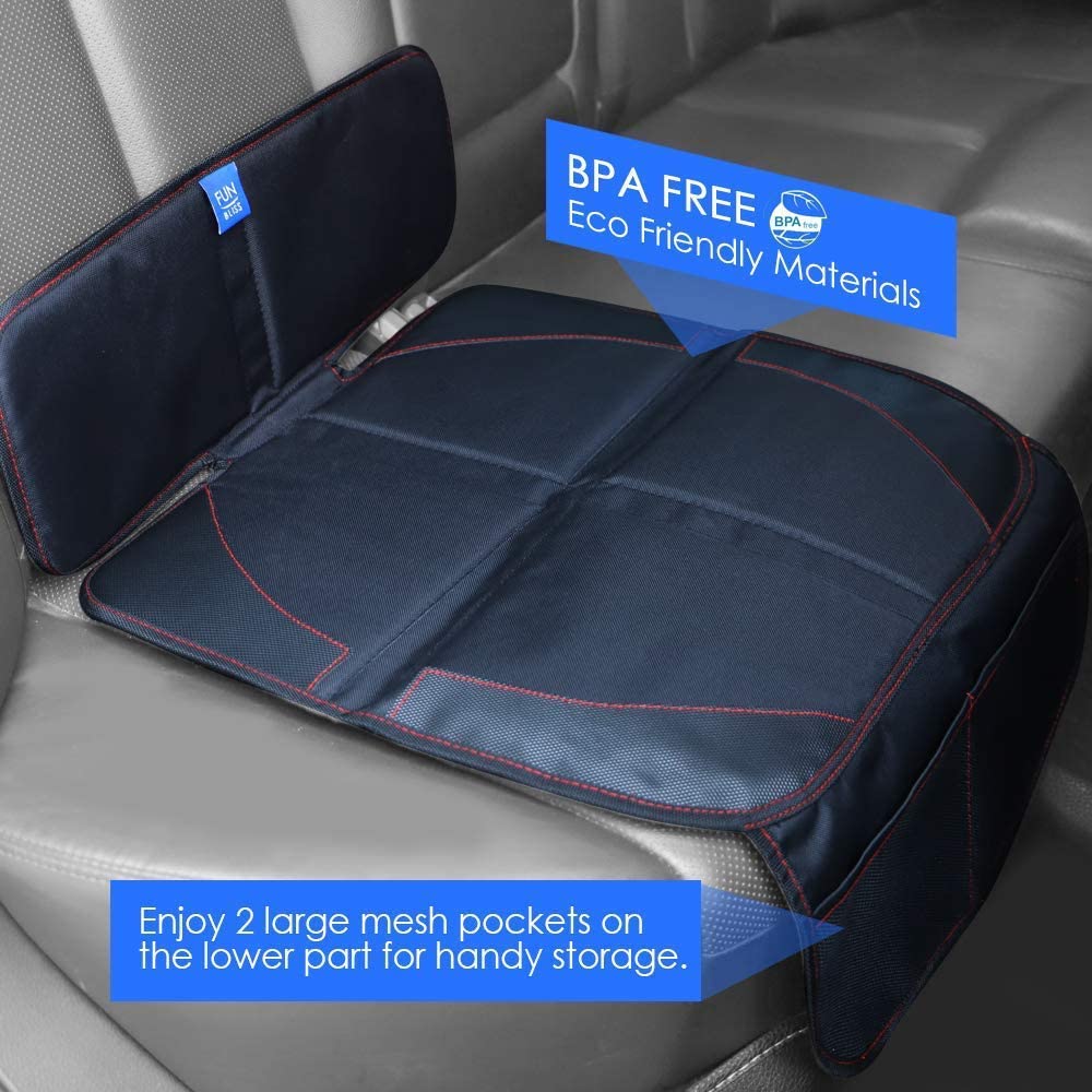 FunBliss Premium Car Seat Protector for Child Safety Seats - Thickest Padding Auto Seat Cover Mat to Protect Leather & Fabric Upholstery, PVC Leather Reinforced Corners - Perfect for Baby Car Seats, Strollers & Travel Accessories