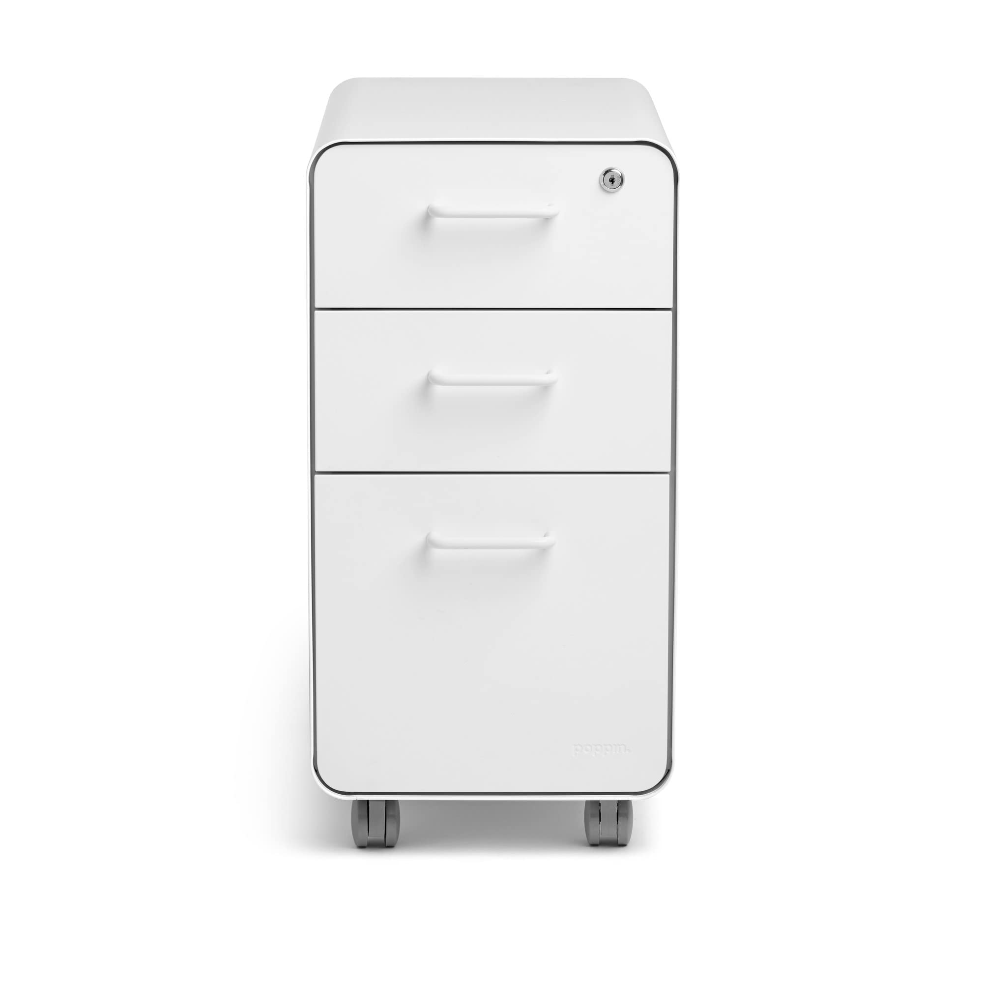 Poppin White Slim 3-Drawer Rolling File Cabinet - Secure Locking System, Durable Powder-Coated Steel, 12.5