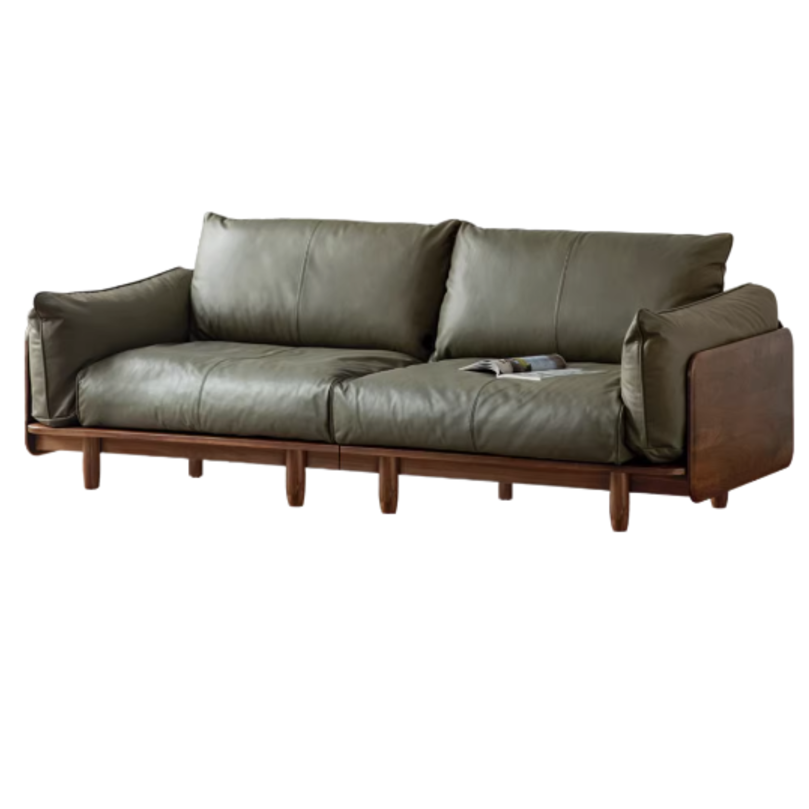 94.8x35.4x31.9 inch / 241x90.5x81cm / Rich dark walnut color/ Genuine leather dark green sofa