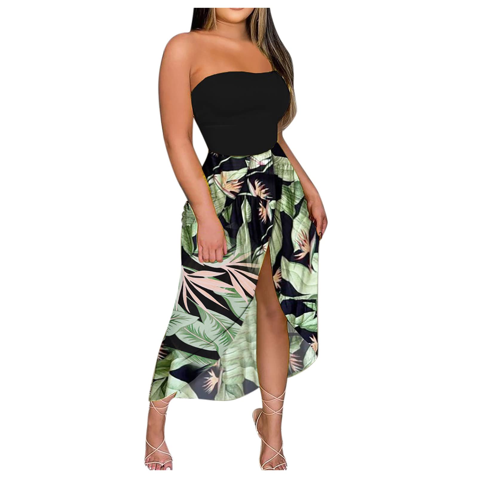 Floral Maxi Dress for Women - Strapless Summer Wedding Guest Dress with Side Slit, Beach Party & Club Outfit | Perfect for Weddings, Vacations & Night Out