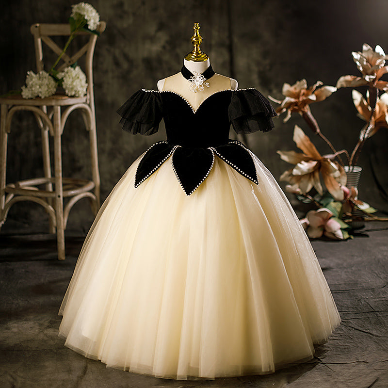 Elegant Black Princess Tulle Flower Girl Dress with Beaded Cold Shoulder - Perfect for Weddings, Pageants & Special Occasions
