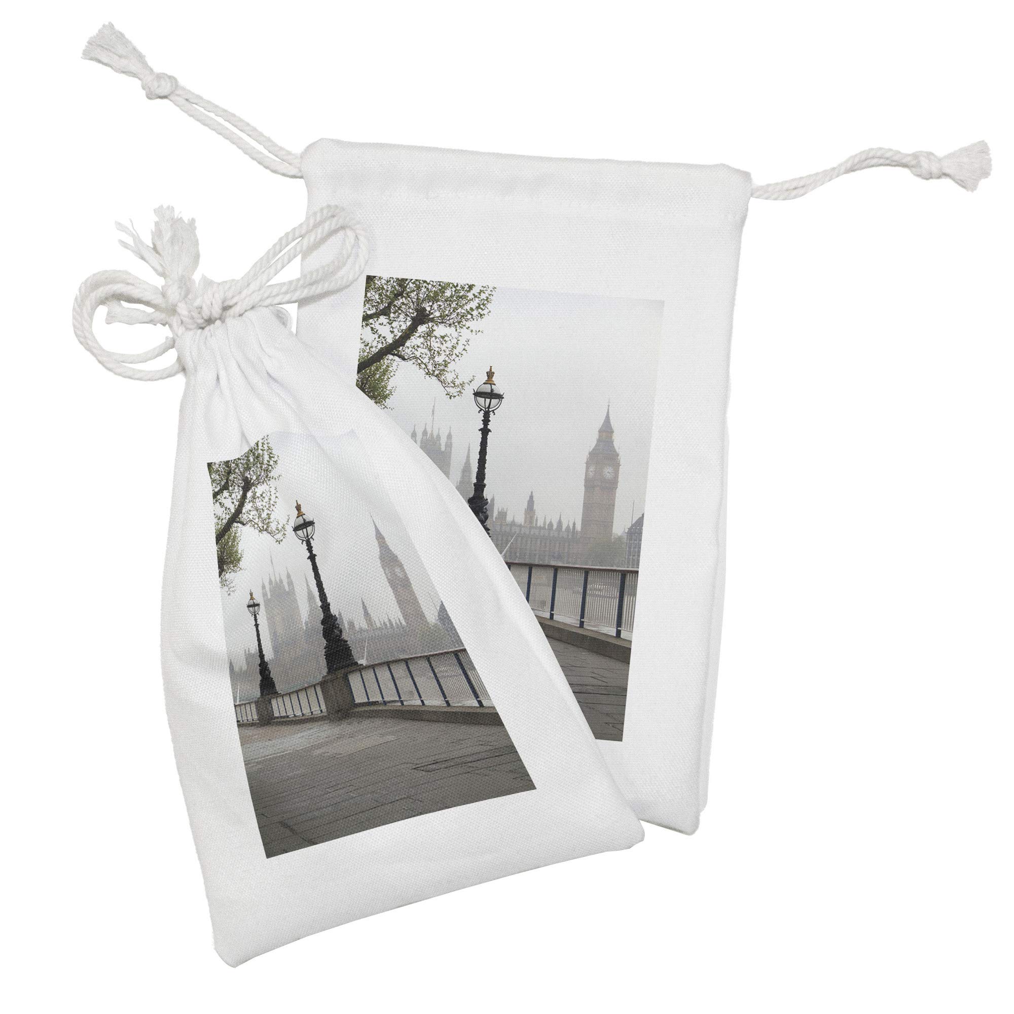 Ambesonne London Fabric Pouch Set of 2 - Big Ben & Westminster Palace British Souvenir Drawstring Bags (9