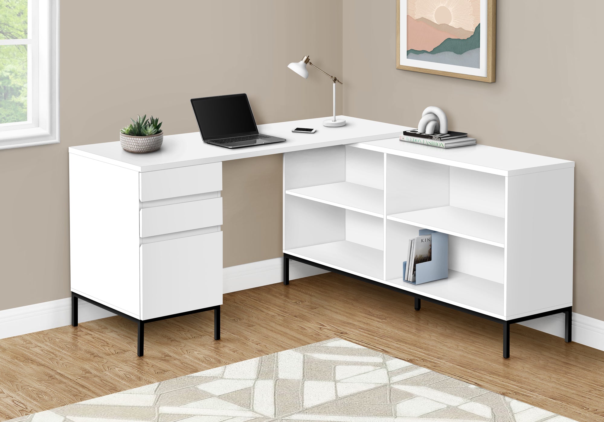 60L White Laminate Corner Computer Desk with Storage Drawers - Modern Home Office Workstation for Small Spaces, Gaming & Study | Space-Saving L-Shaped Desk with File Cabinet & Keyboard Tray