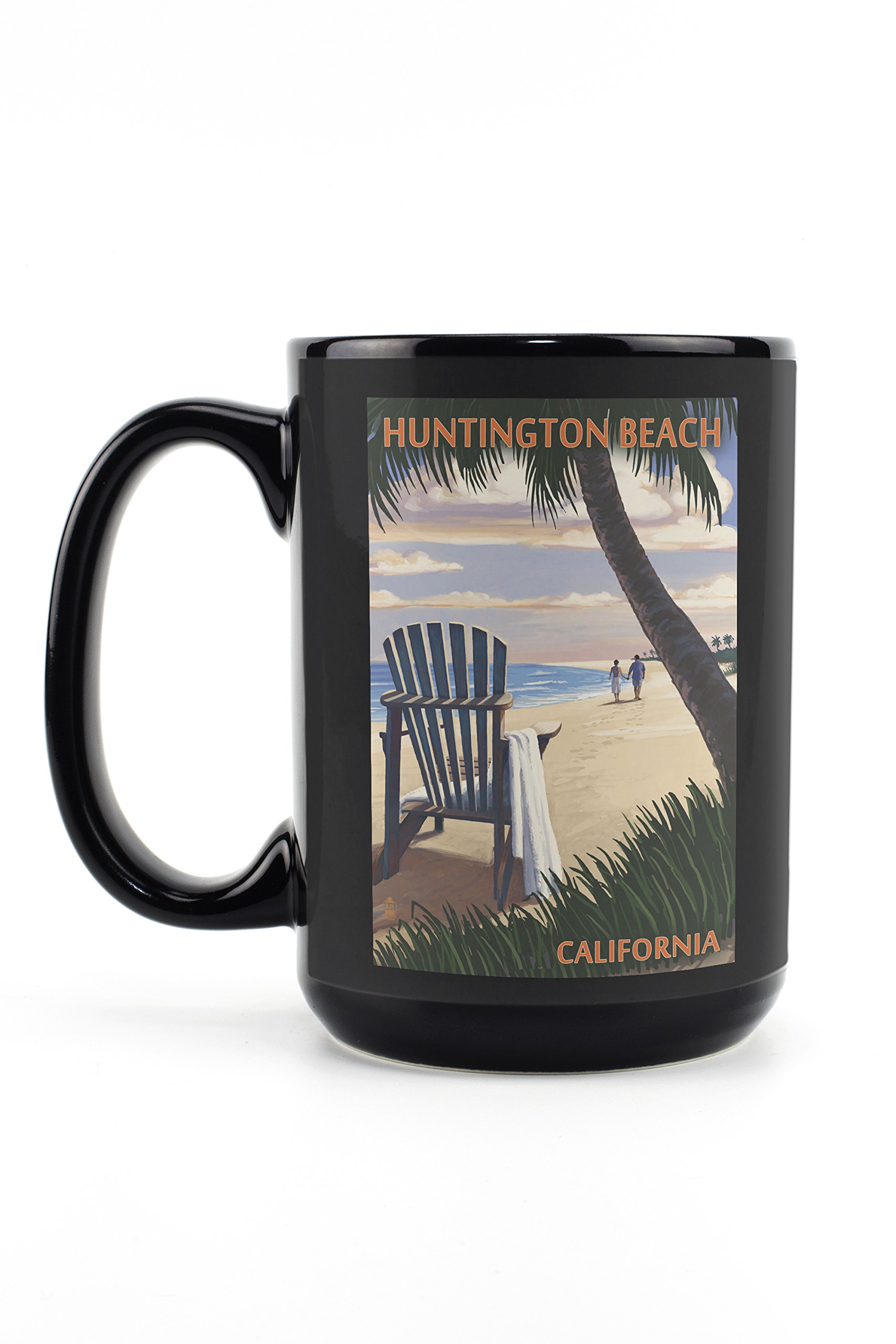 Lantern Press Huntington Beach California Adirondack Chairs Sunset 15oz Black Ceramic Coffee Mug - Microwave & Dishwasher Safe - Perfect for Beach House, Office & Outdoor Relaxation