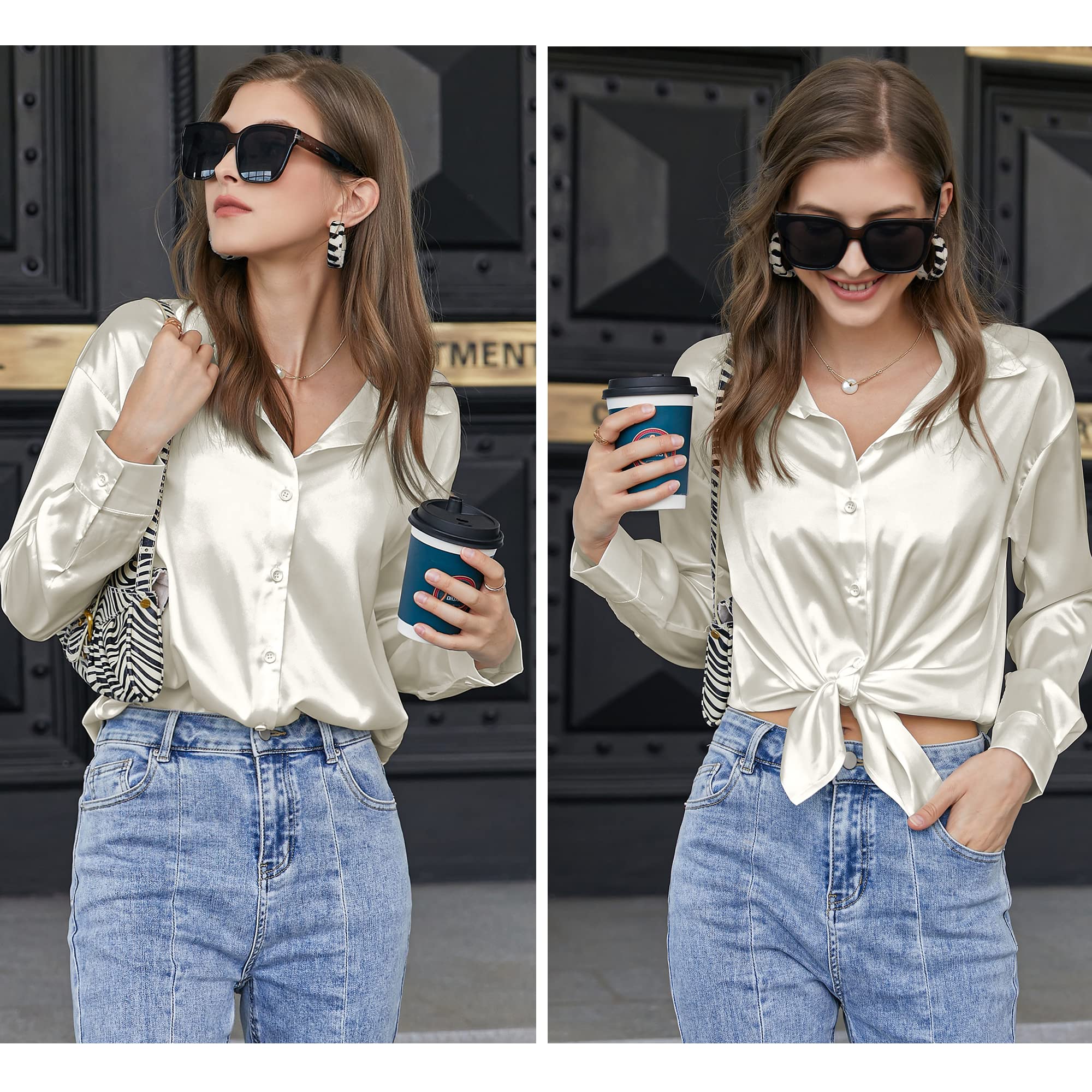 Chigant Women's Satin Silk Blouse - Button Down Long Sleeve Shirt for Office Work & Casual Wear - Elegant Loose Tunic Top for Business, Dating and Special Occasions