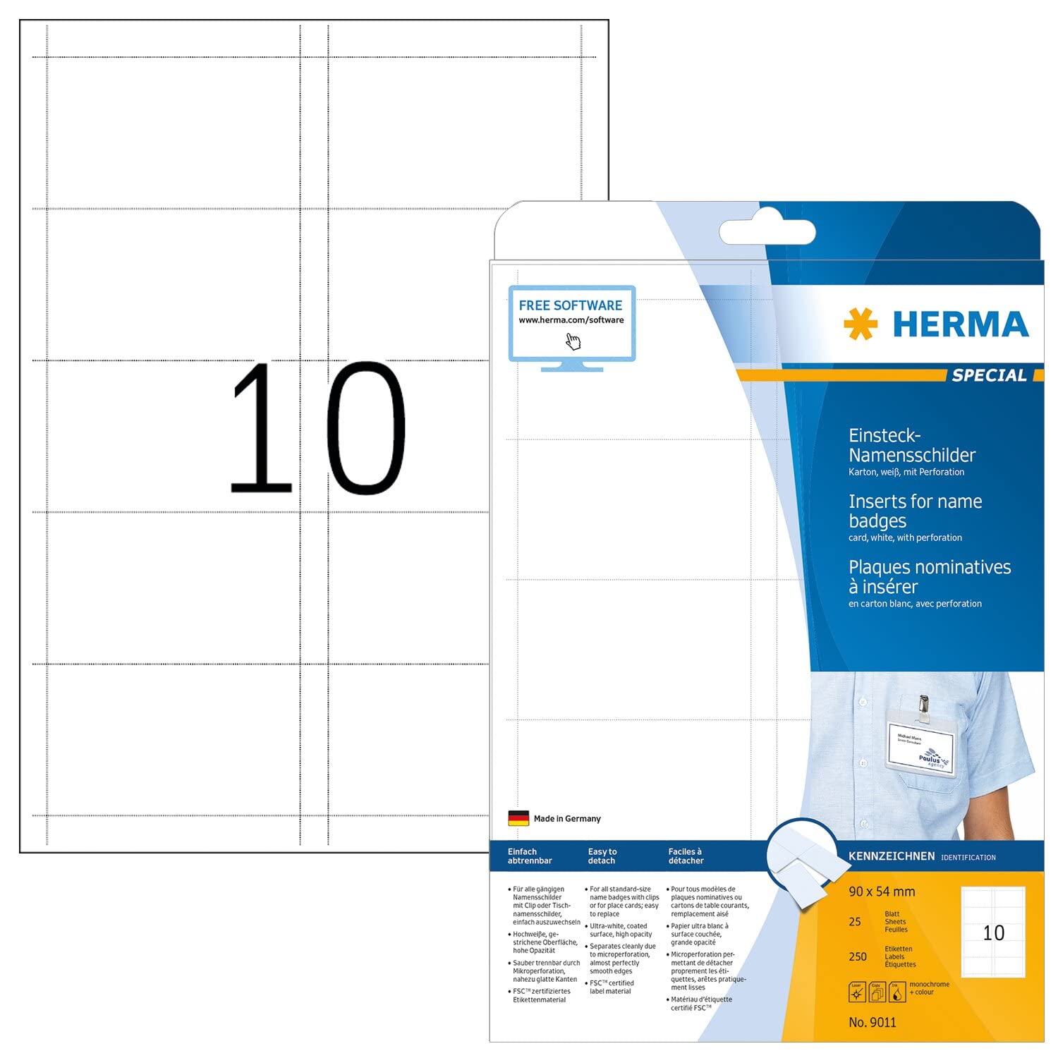 HERMA Name Badge Insert Refills - 250 Blank Printable Labels (90x54mm) for Laser & Inkjet Printers - 25 A4 Sheets with 10 Labels Each - Perfect for Office ID Badges, Conference Name Tags & Event Staff Identification