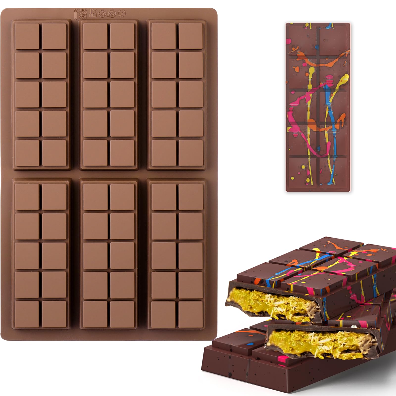BABORUI 6 Cavity Silicone Chocolate Bar Mold with 100 Bags - Thick Deep Mold for Stuffed Chocolate Bars, Knafeh, Pistachio Filling - Perfect for Homemade Candy, Baking, Gifts & Party Treats (10 Snap)
