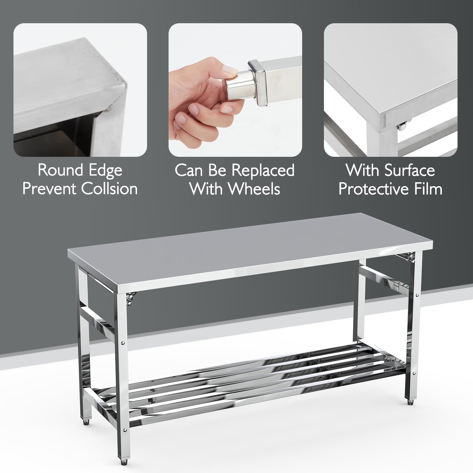 24 x 60 Inch NSF Commercial Heavy-Duty Stainless Steel Folding Table with Undershelf - Restaurant Prep Work Table, Kitchen Island for Home & Commercial Use - Perfect for Food Prep, Catering, Buffets & Small Space Dining Areas