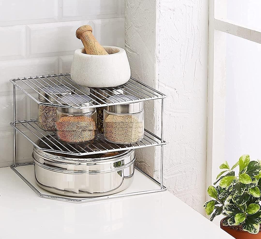 TechSrmaji Steel 3-Tier Kitchen Rack – Corner Storage & Dish Organizer, Chakla Belan Rack, Countertop Shelf for Small Space Kitchen, Perfect for Apartments & Compact Homes