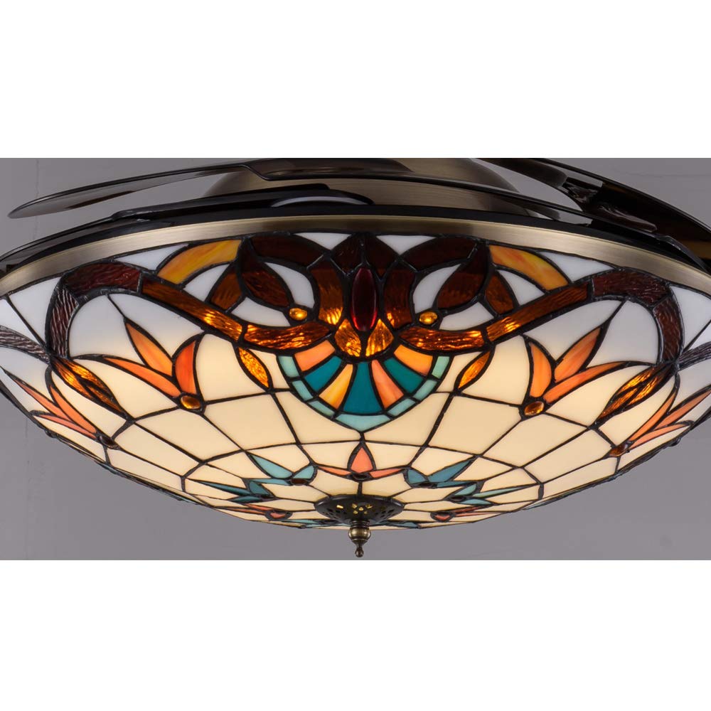 42 Inch Invisible Blade LED Ceiling Fan with Remote - Victorian Style Tiffany Chandelier Light - Semi Flush Mount for Dining Room, Restaurant & Hotel - Energy Efficient Frequency Conversion Technology - Perfect for Indoor Home and Commercial Spaces