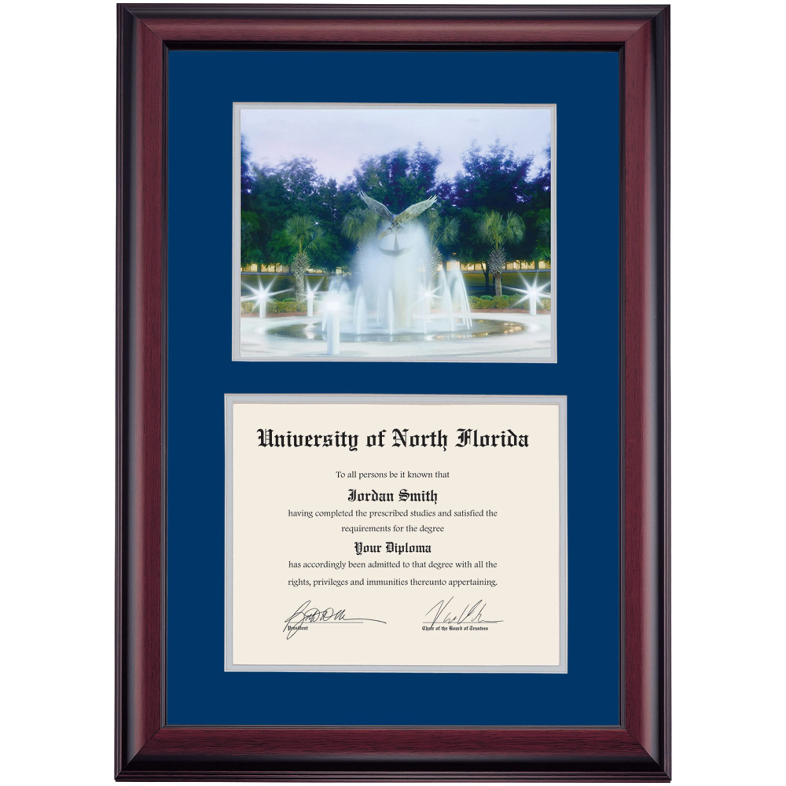UNF Ospreys Diploma Display Frame | 8.5x11 Inch Navy & Gray Mat with Osprey Fountain Photo | Graduation Gift for University of North Florida Alumni | Perfect for Office, Home, or Dorm Decor