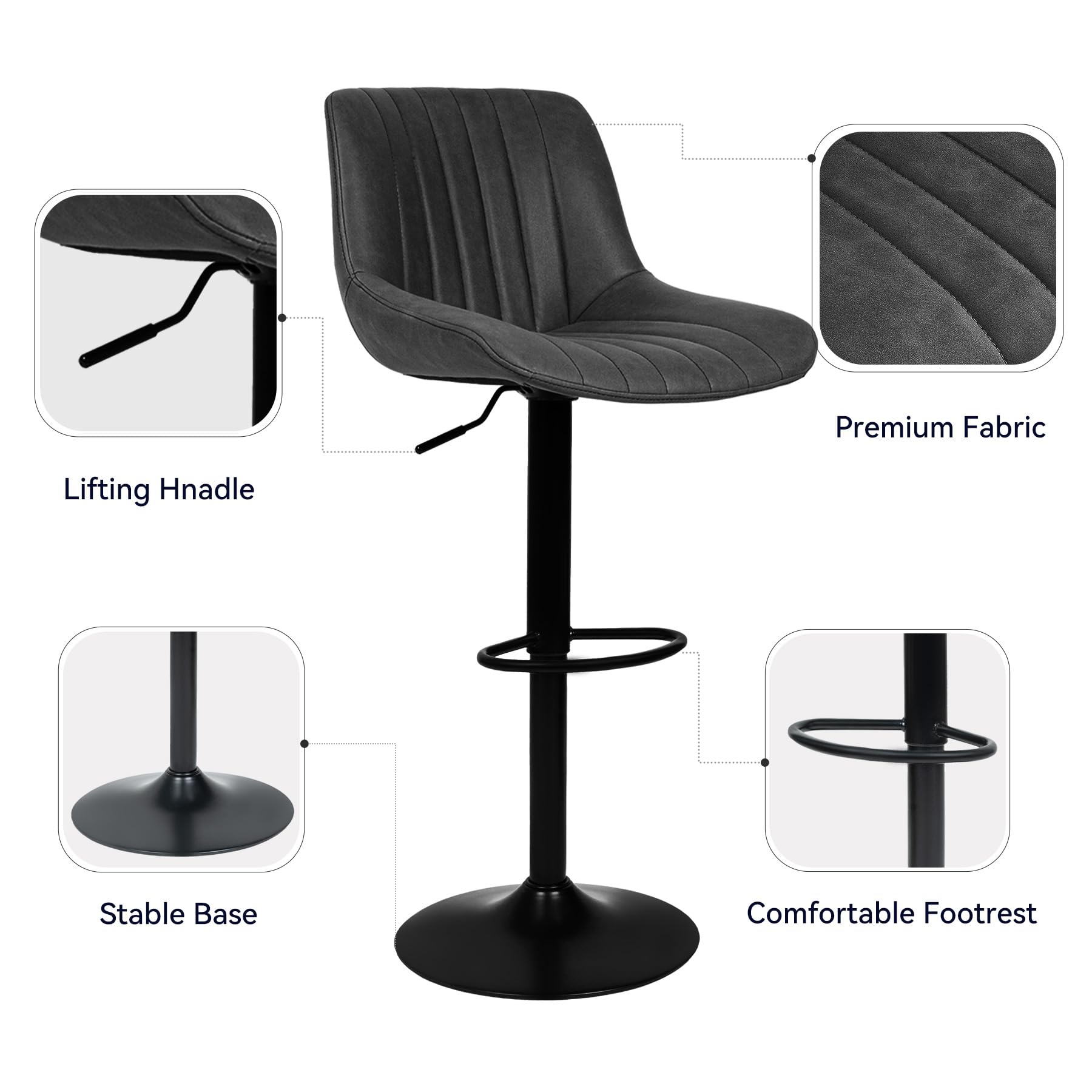 Modern Adjustable Swivel Bar Stools Set of 2 with Backs - Counter Height Kitchen Island Chairs with Performance Fabric - Perfect for Home Bar, Breakfast Nook & Dining Area - Black