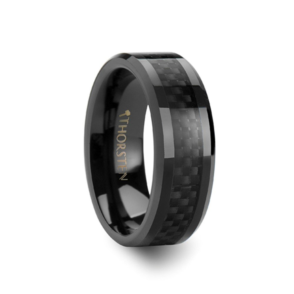 ONYX Black Ceramic Wedding Band Ring with High-Tech Carbon Fiber Inlay - 8mm Polished Edge Men's Ring for Anniversary, Engagement & Everyday Wear