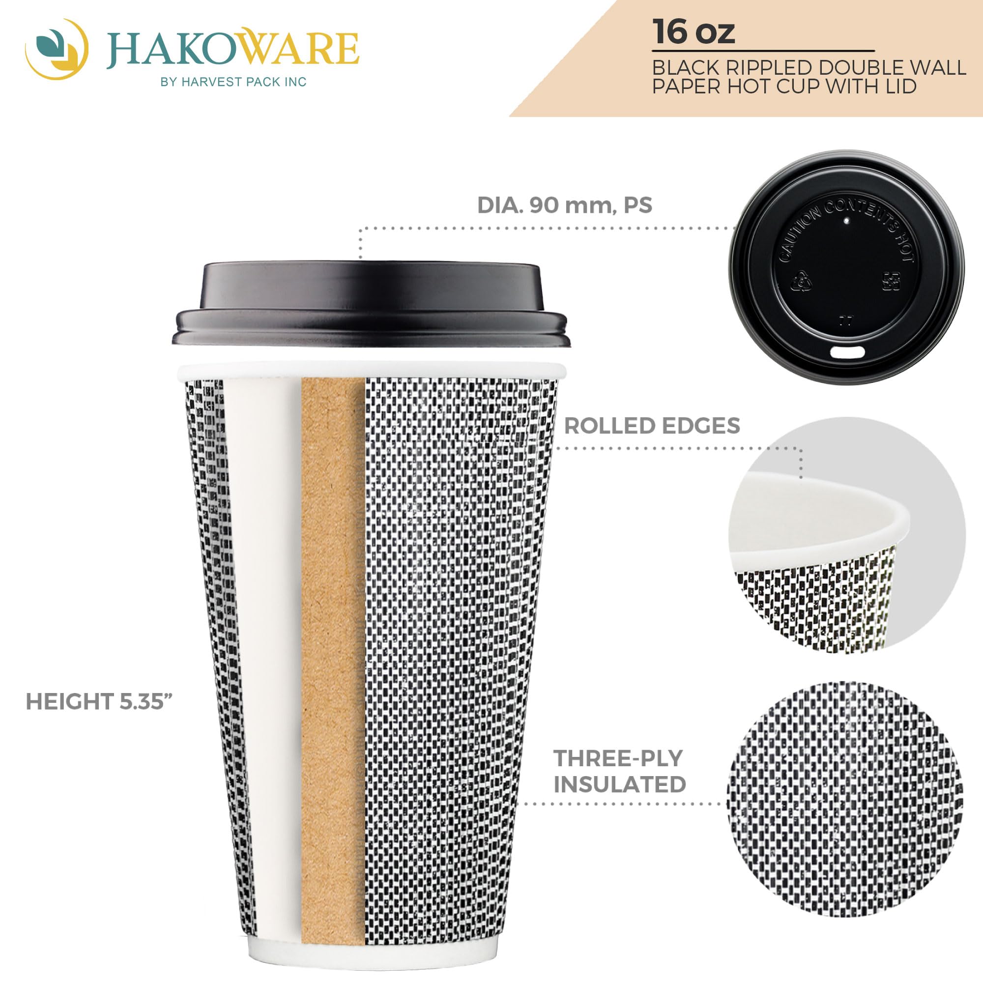 [340 SET] 16 oz Disposable Coffee Cups with Lids - Insulated Double-Walled Paper Cups, Black & White Geometric Design for Hot Beverages - Perfect for Coffee, Tea, Hot Chocolate - Ideal for Cafes, Offices, and Takeout Services