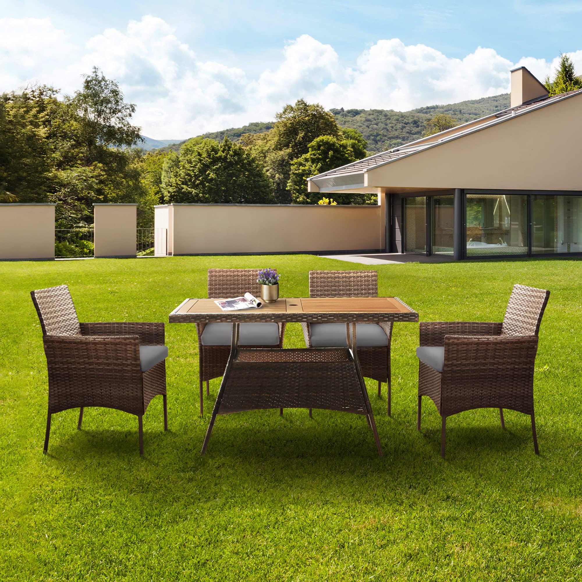 Teamson Home Outdoor PE Rattan 4-Piece Dining Set with Removable Water-Resistant Cushions & Acadia Wood-Slated Table Top - Perfect for Patios, Decks, Gardens, Poolside & Sunrooms (Brown/Gray) - Ideal for Outdoor Entertaining, Family Gatherings & Relaxing in Your Backyard