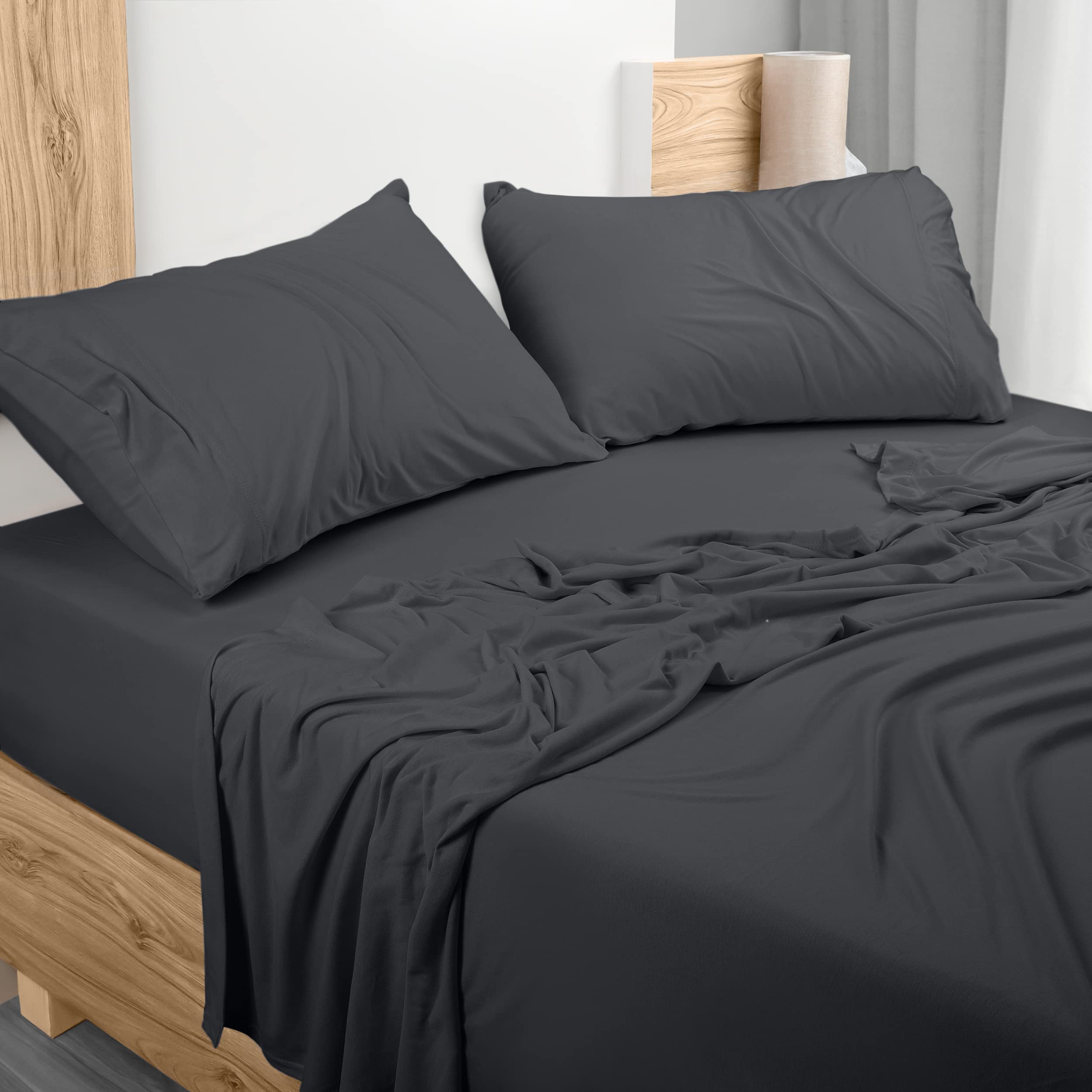Utopia Bedding King Size Jersey Knit Sheet Set - 4 Piece Soft Stretchy Cotton Bed Sheets (Dark Grey) - Perfect for Cozy Nights & Guest Bedrooms