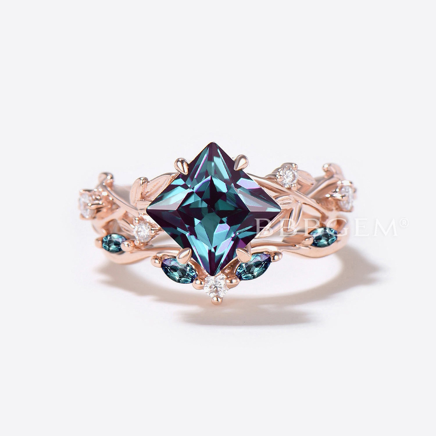 Princess Color Changing Alexandrite Twisted Ring - Nature Inspired Bridal Jewelry Set for Engagement, Wedding & Anniversary Gifts