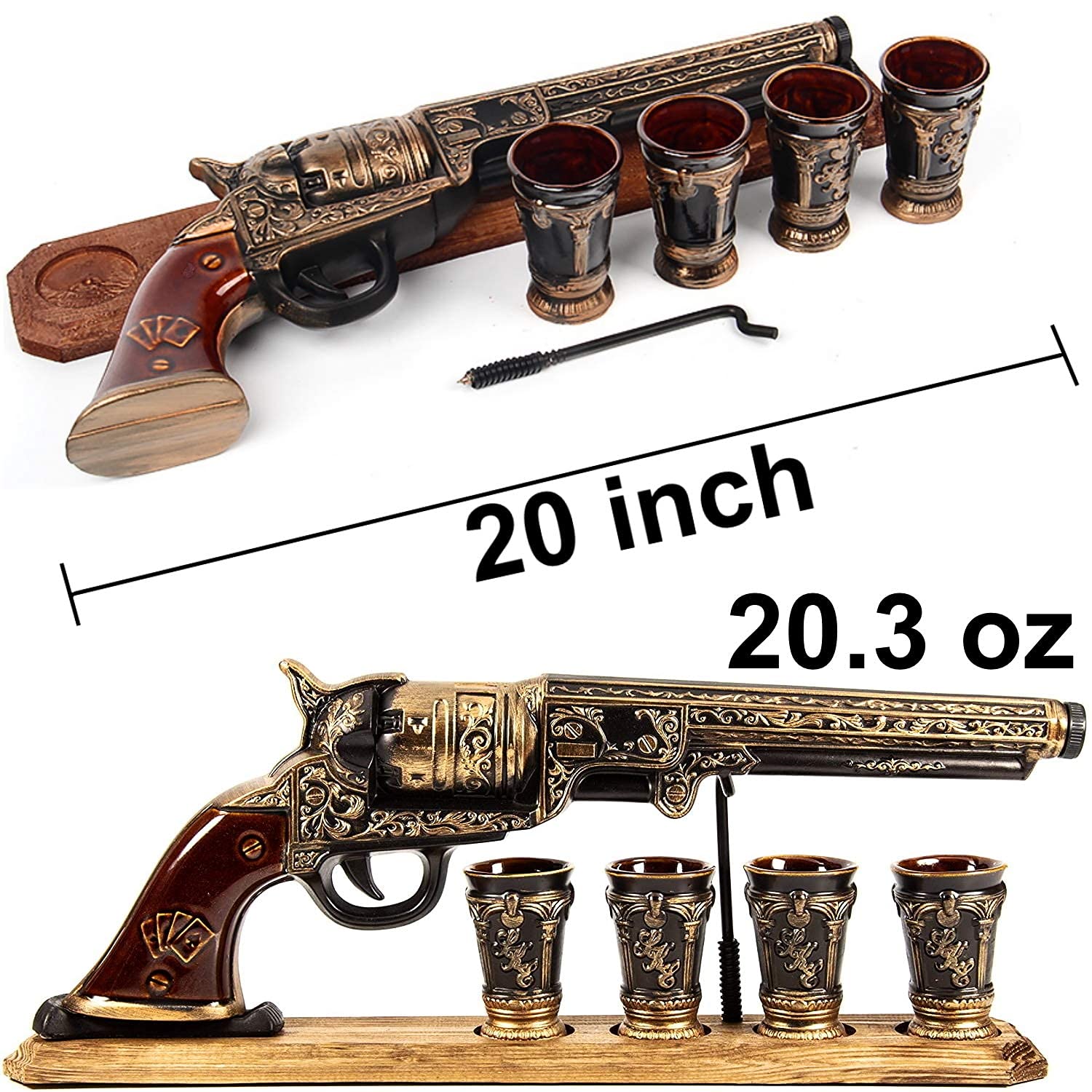 Brave Spirit Gun Decanter Set 600ml with 4 Shot Glasses - Ceramic Whiskey Flask for Alcohol, Vodka, Tequila, Bourbon, Scotch, Gin - Unique Liquor Gift for Men - Perfect for Home Bars, Parties & Gifts (19.7 x 7 x 3.1 inches)