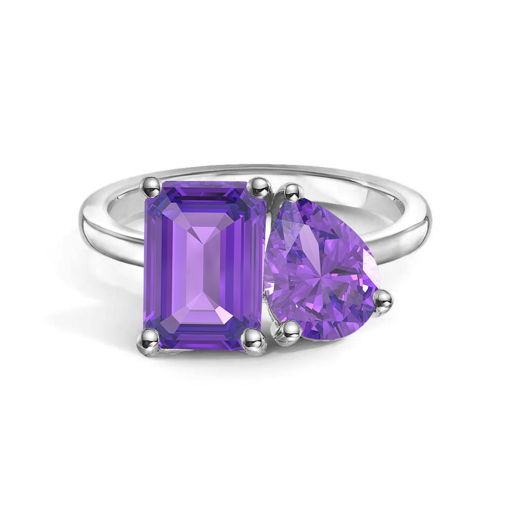 Personalized Toi et Moi Amethyst Birthstone Ring - Custom Anniversary Jewelry for Couples, Gift for Her, Romantic Proposal & Wedding Band