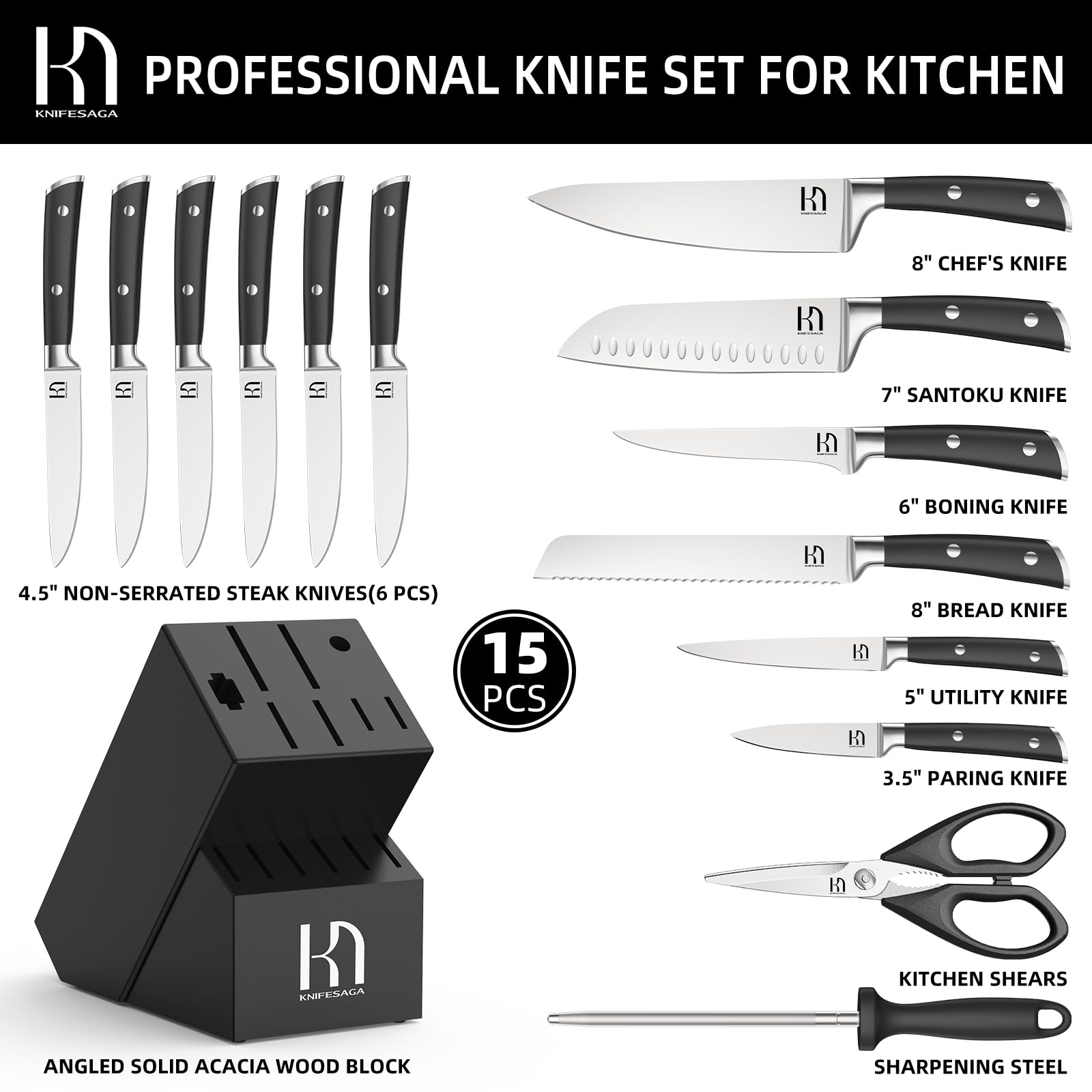 Premium 15-Piece Japanese Kitchen Knife Set with Block & Sharpener - High Carbon Stainless Steel Razor-Sharp Knives for Professional Chefs & Home Cooking - Perfect for Chopping, Slicing, Dicing & Meal Prep