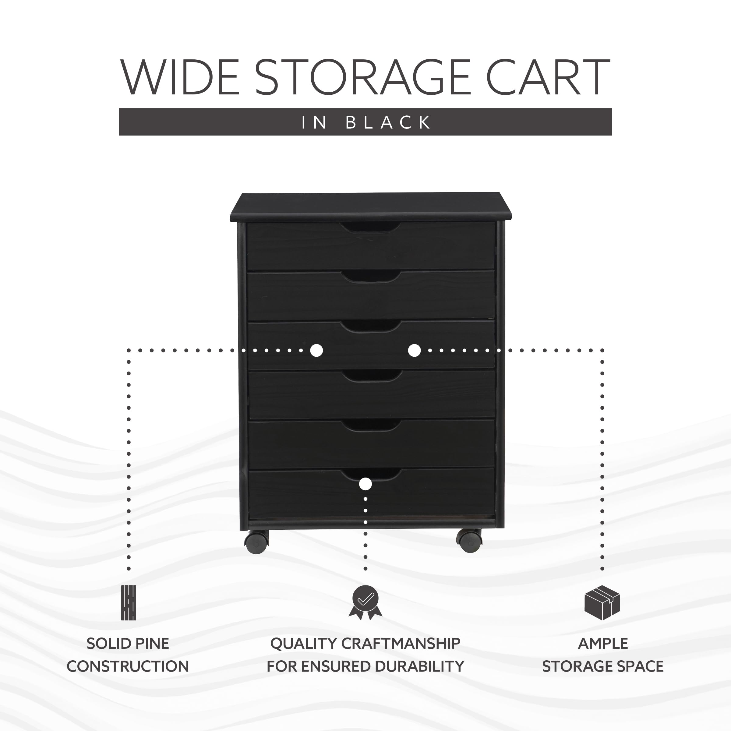 Linon Corinne Black 6-Drawer Wide Rolling Storage Cart - Perfect for Home, Office, and Craft Room Organization