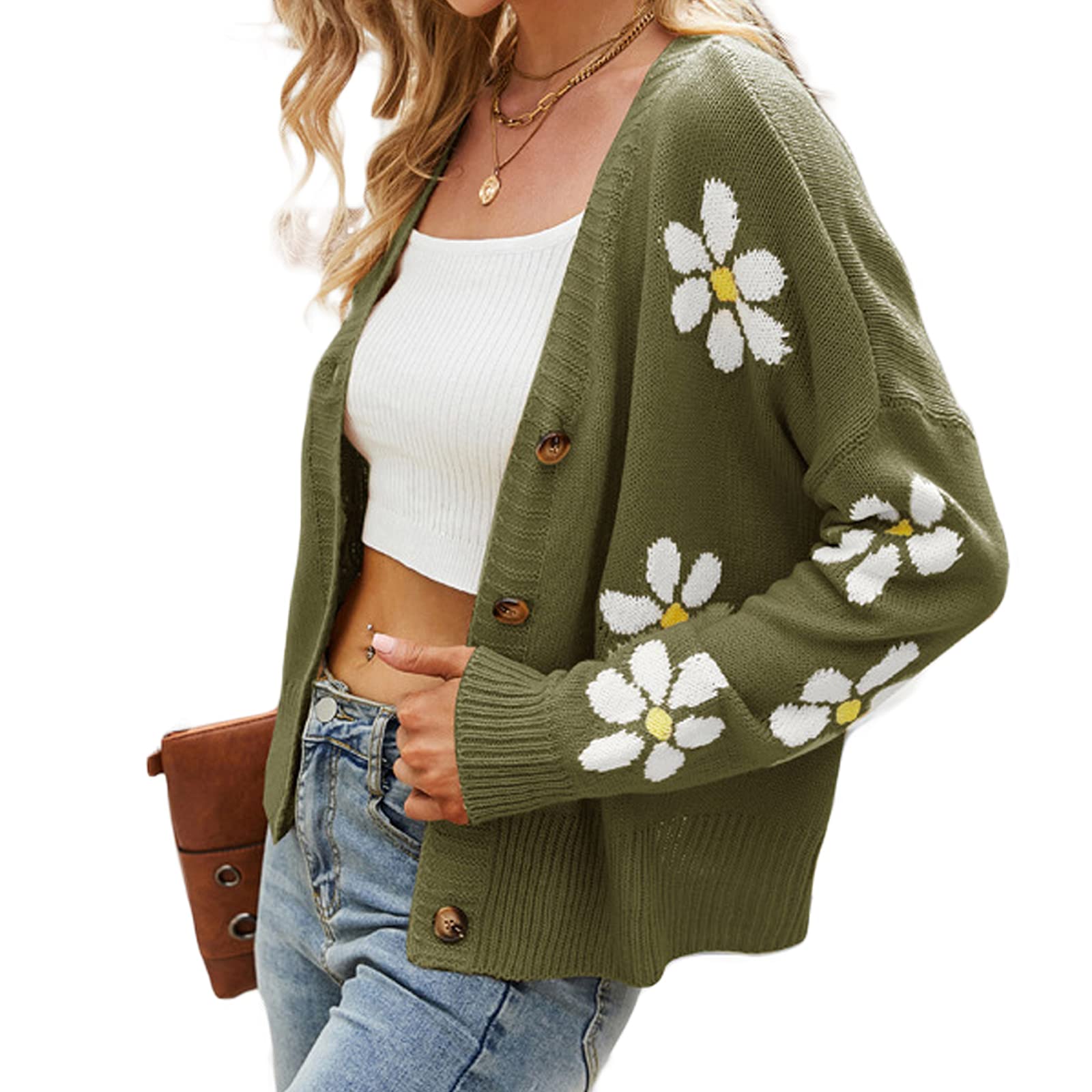 Women's Floral Print V-Neck Cropped Knit Cardigan - Button Down Long Sleeve Sweater Top for Spring & Fall Layering | Casual Office Wear & Date Night Outfits
