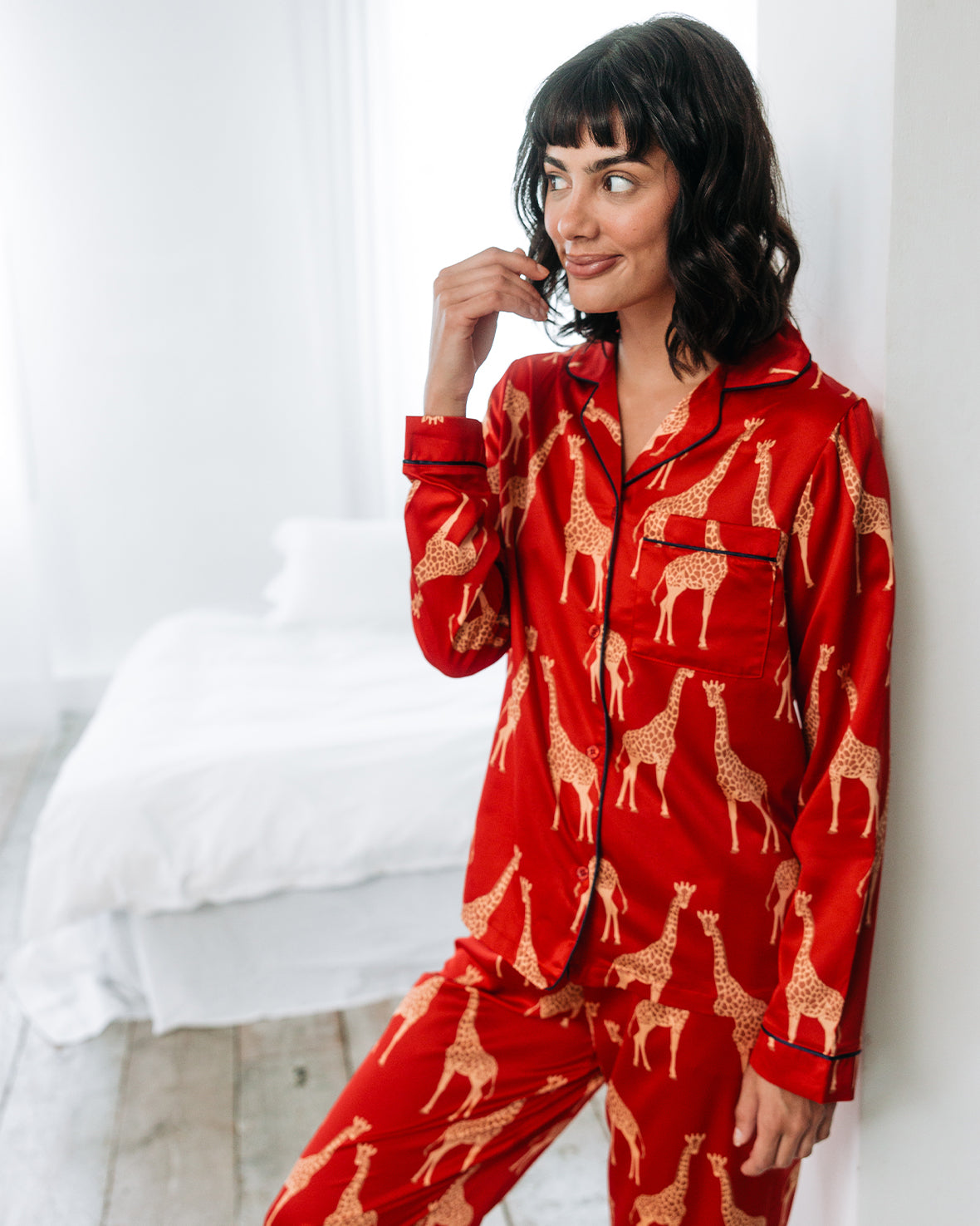 Elegant Red Satin Giraffe Print Long Pajama Set for Women - Soft & Comfortable Sleepwear for Lounge & Bedtime