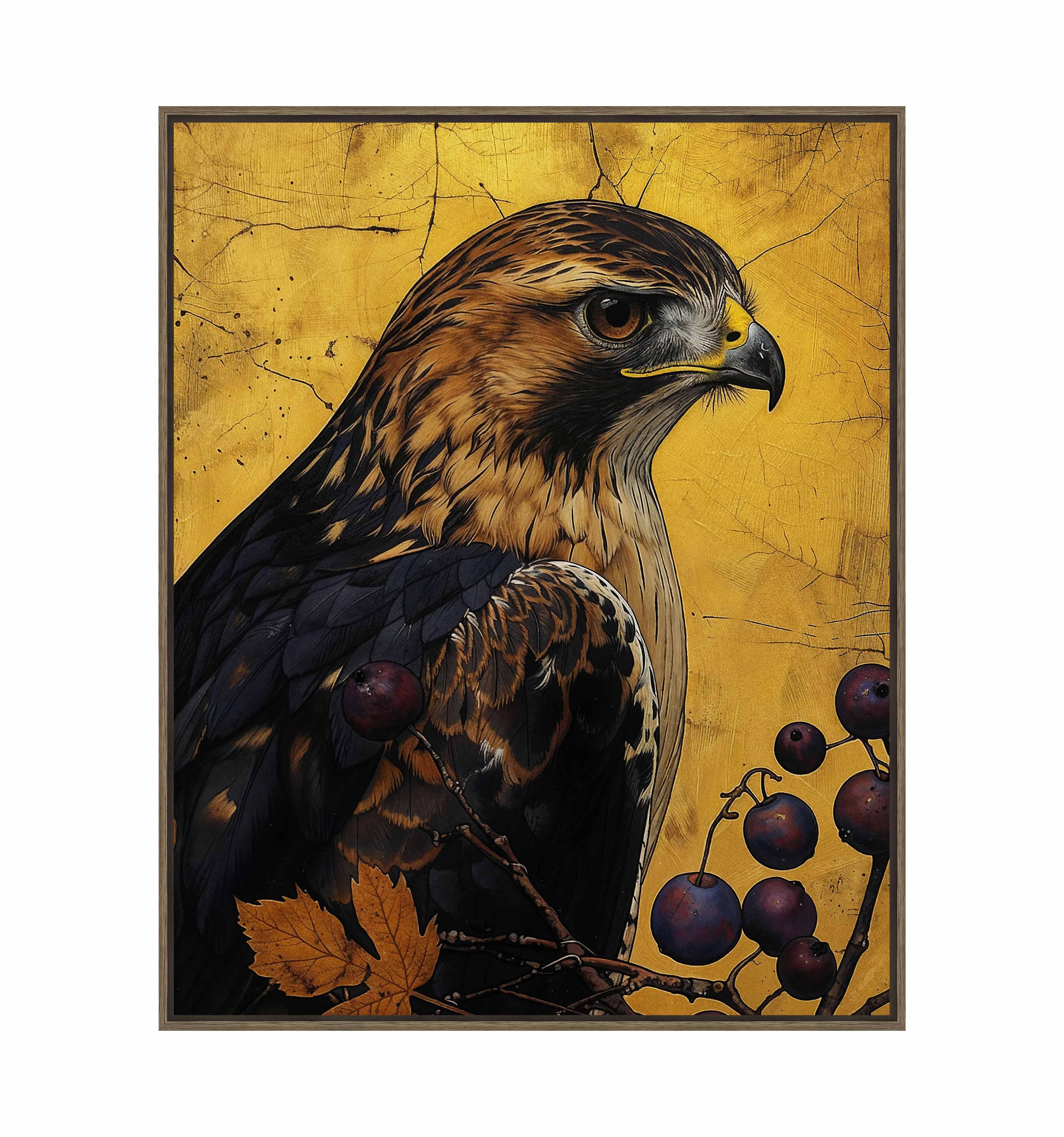 Golden Majesty Hawk Among Berries Gallery Wrapped Canvas Wall Art - Nature Inspired Home Decor for Living Room, Bedroom & Office