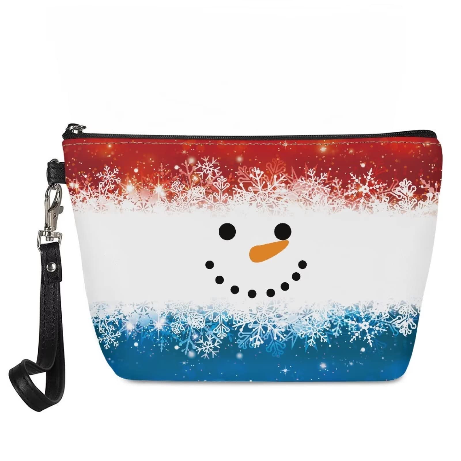 Christmas Makeup Bag for Women & Girls - Waterproof Small Cosmetic Bag with Handle Strap, Toiletry Organizer & Brush Holder (Snowman Design) - Perfect for Holiday Travel, Gift Giving & Daily Beauty Storage