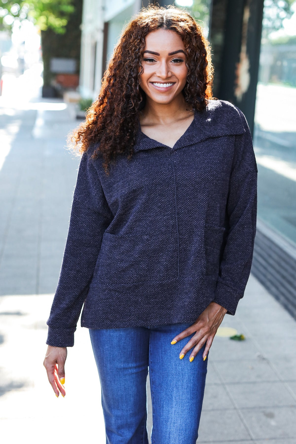 Easy Living Charcoal Textured Knit Notch Neck Oversized Collar Sweater | Women's Chunky Knit Pullover | Cozy Winter Fashion for Casual Outings & Coffee Dates