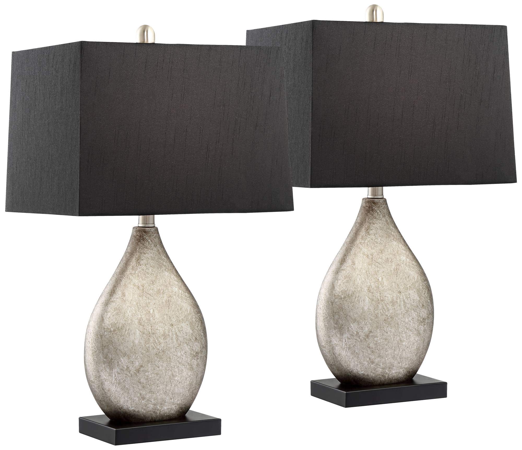 Regency Hill Marco Modern Art Deco Table Lamps - Set of 2 Silver Luxe Black Tapered Rectangular Shade Lamps, 25