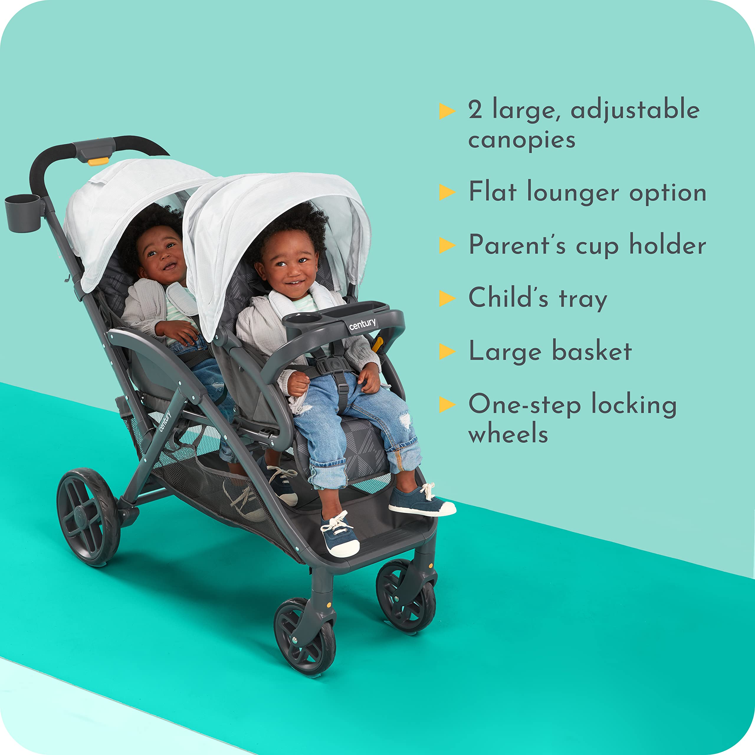 Century® Stroll On™ Duo Lightweight Double Stroller - Compact & Easy Fold for Twins or Siblings - Perfect for Shopping, Travel & Everyday Use