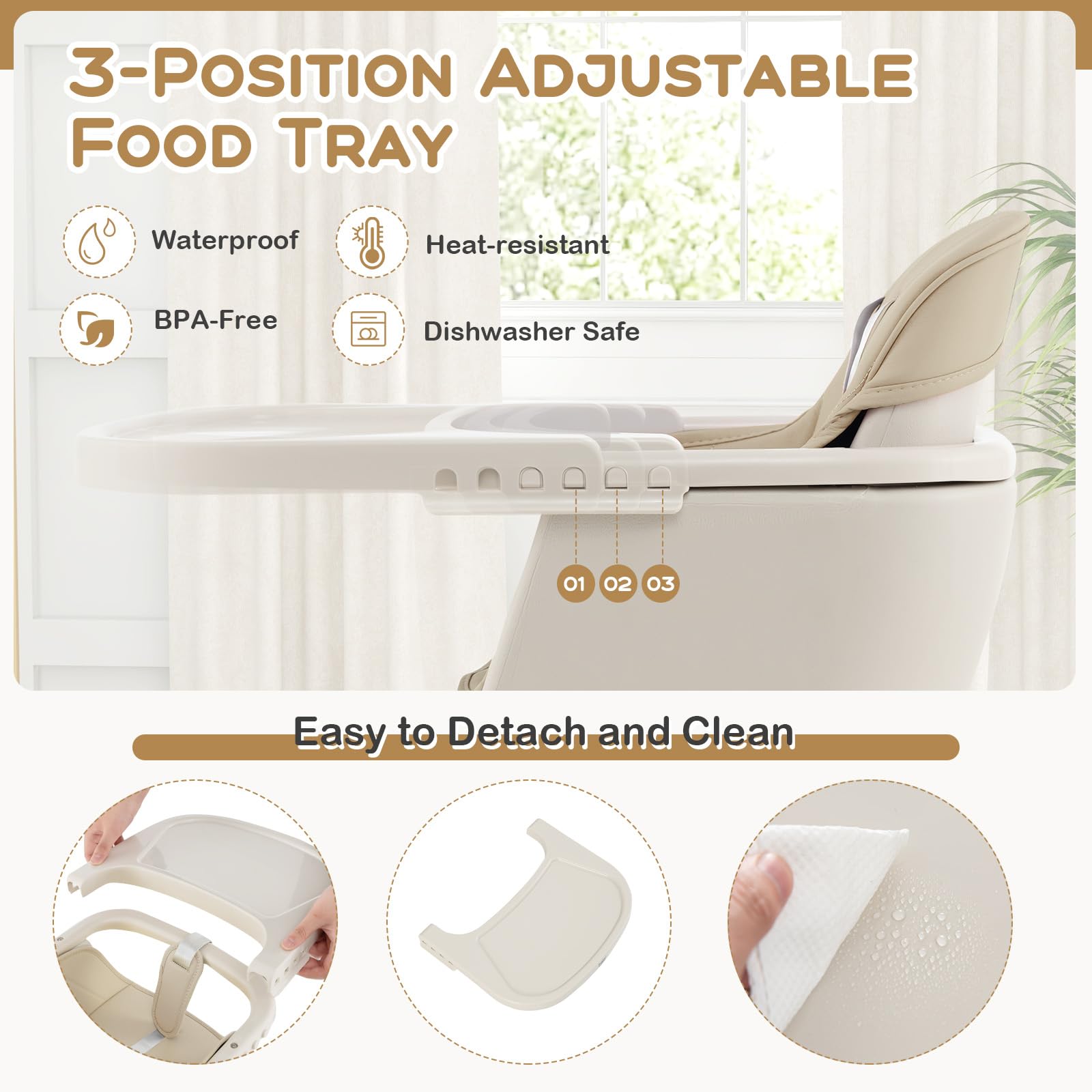 BABY JOY 3-in-1 Convertible Wooden High Chair - Adjustable Baby Highchair with Removable Tray, 5-Point Safety Harness, PU Cushion & Footrest - Infant to Toddler Booster Seat (Beige) - Perfect for Dining, Feeding & Playtime at Home